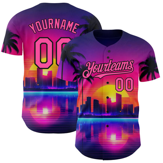 Custom Purple Pink-Black 3D Miami Palm Trees City Edition Authentic Baseball Jersey - Main View