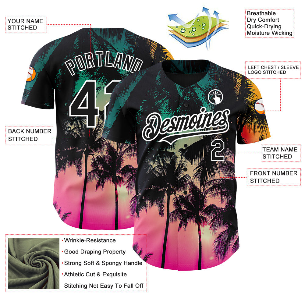 Custom Pink Black-White 3D Pattern Design Hawaii Palm Trees Authentic Baseball Jersey view 3