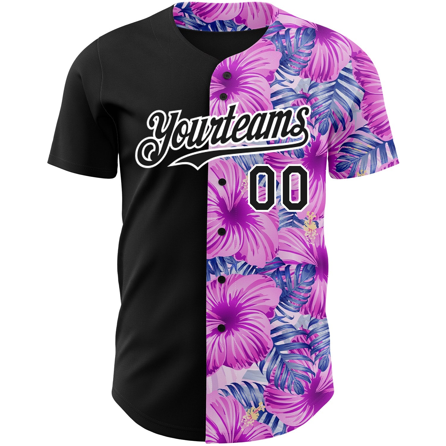 Custom Pink Black-White 3D Pattern Design Tropical Flower And Hawaii Palm Leaves Authentic Baseball Jersey view 2