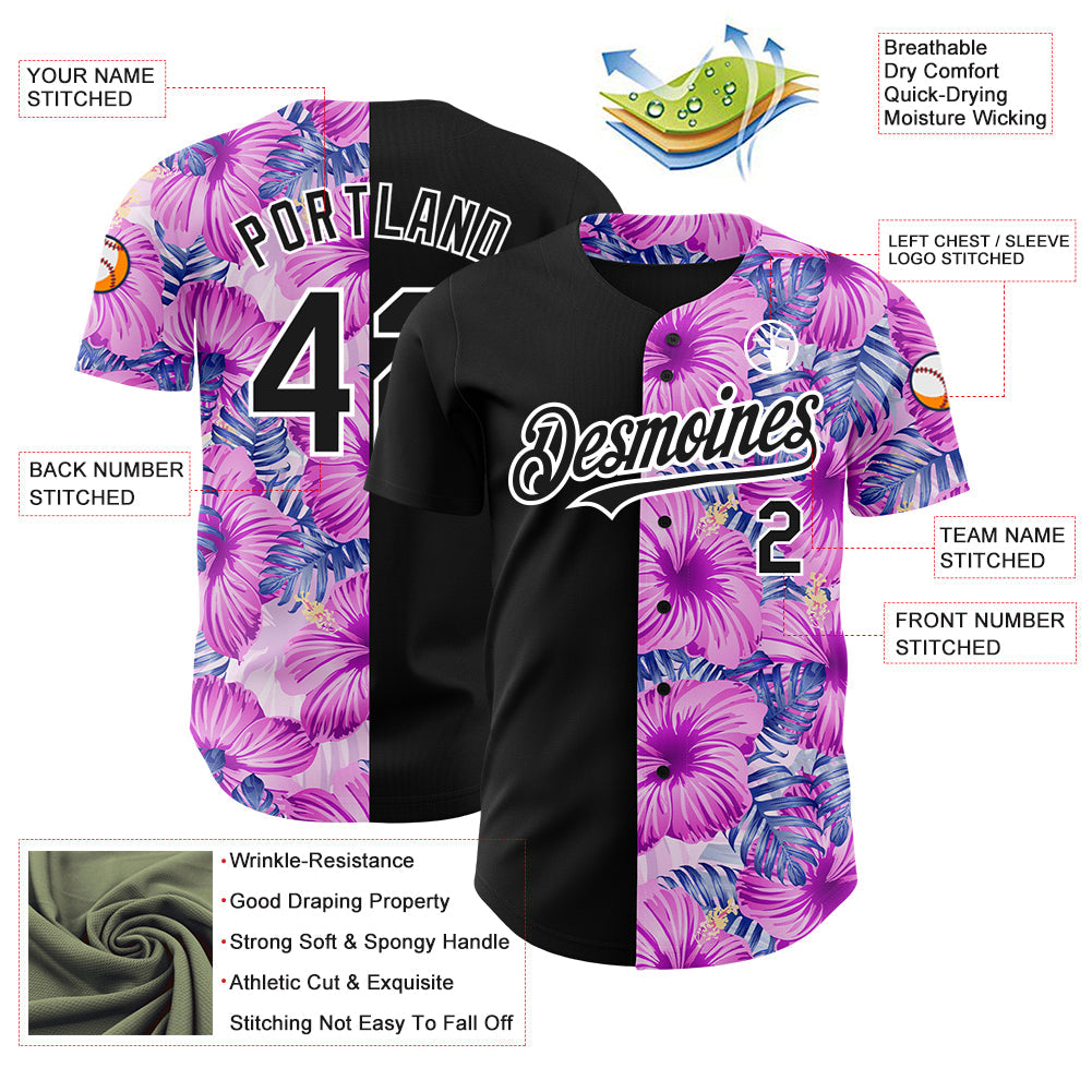 Custom Pink Black-White 3D Pattern Design Tropical Flower And Hawaii Palm Leaves Authentic Baseball Jersey view 3