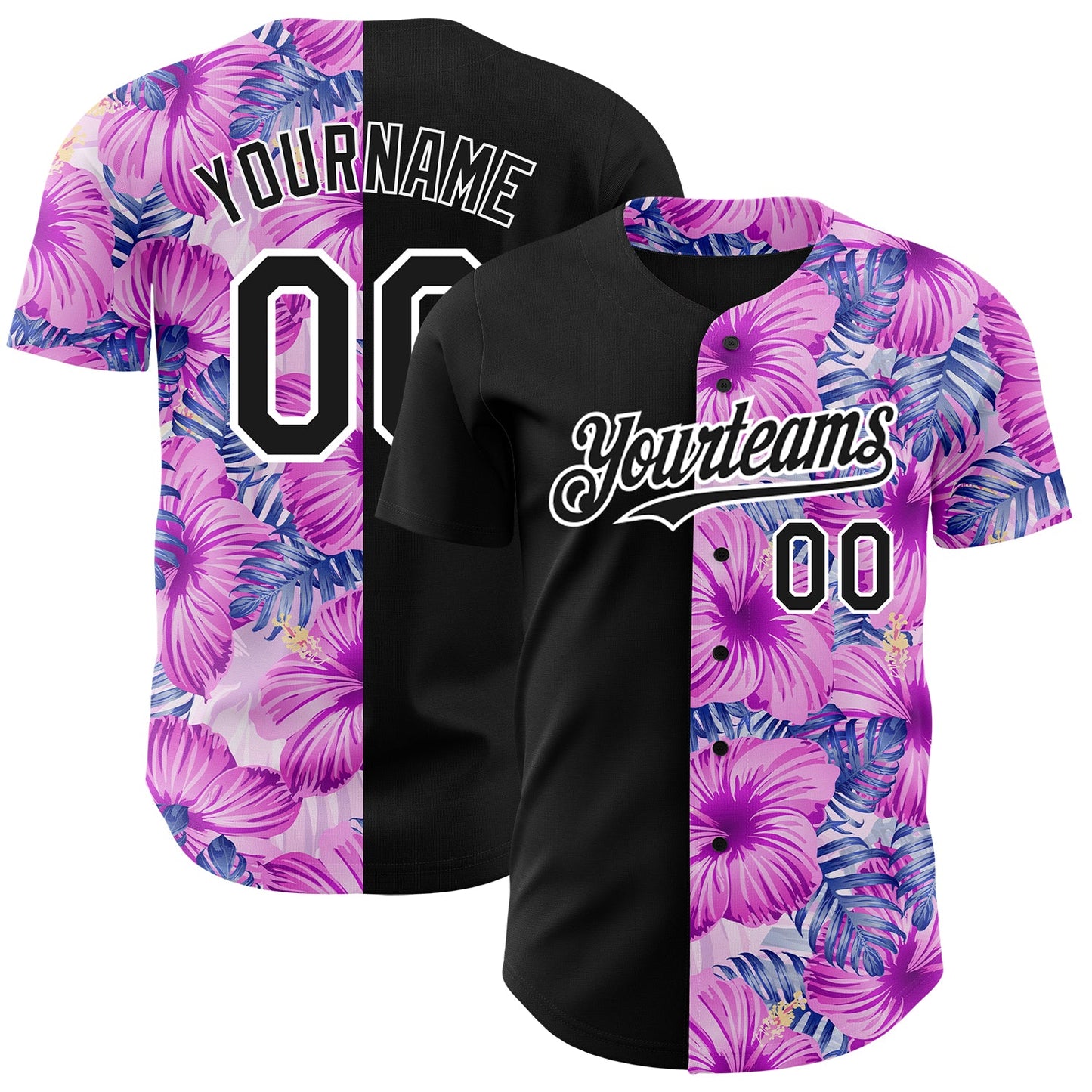 Custom Pink Black-White 3D Pattern Design Tropical Flower And Hawaii Palm Leaves Authentic Baseball Jersey - Main View