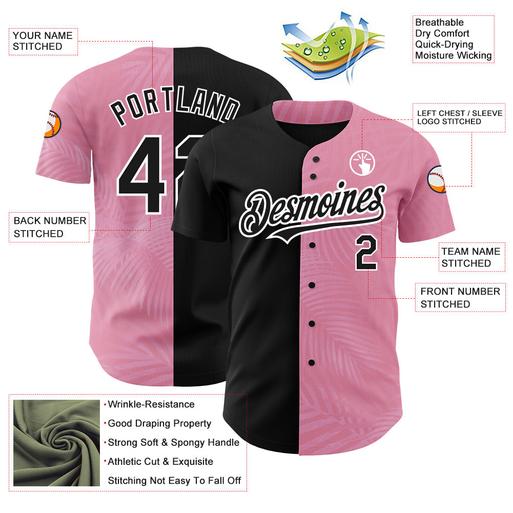 Custom Medium Pink Black-White 3D Pattern Design Tropical Hawaii Palm Leaves Authentic Baseball Jersey view 3