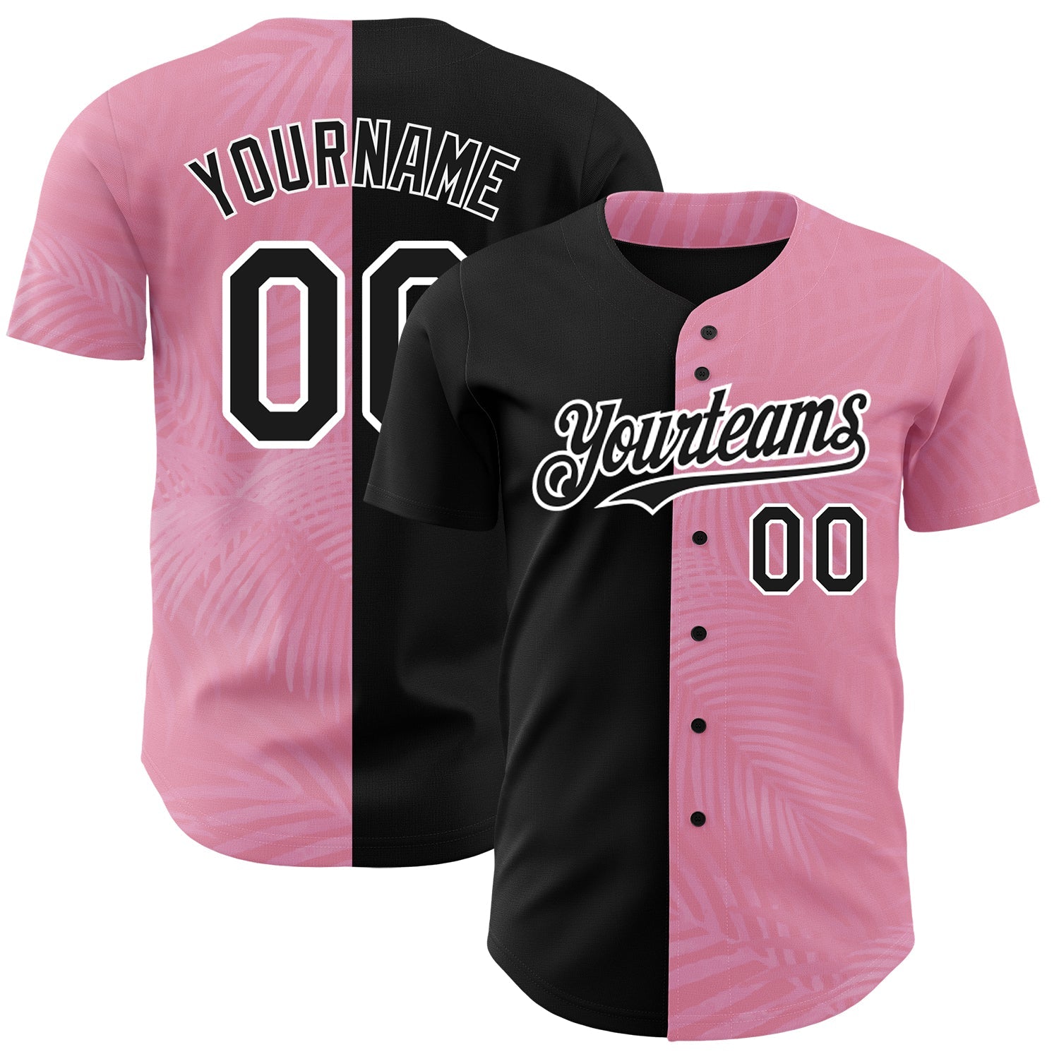 Custom Medium Pink Black-White 3D Pattern Design Tropical Hawaii Palm Leaves Authentic Baseball Jersey - Main View