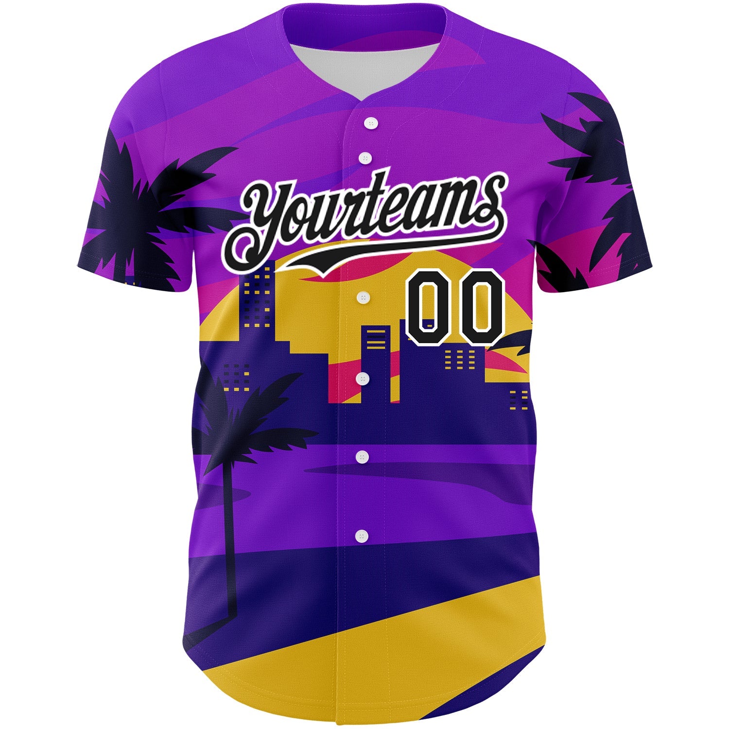 Custom Purple Black-White 3D Pattern Design Hawaii Palm Trees Authentic Baseball Jersey view 2