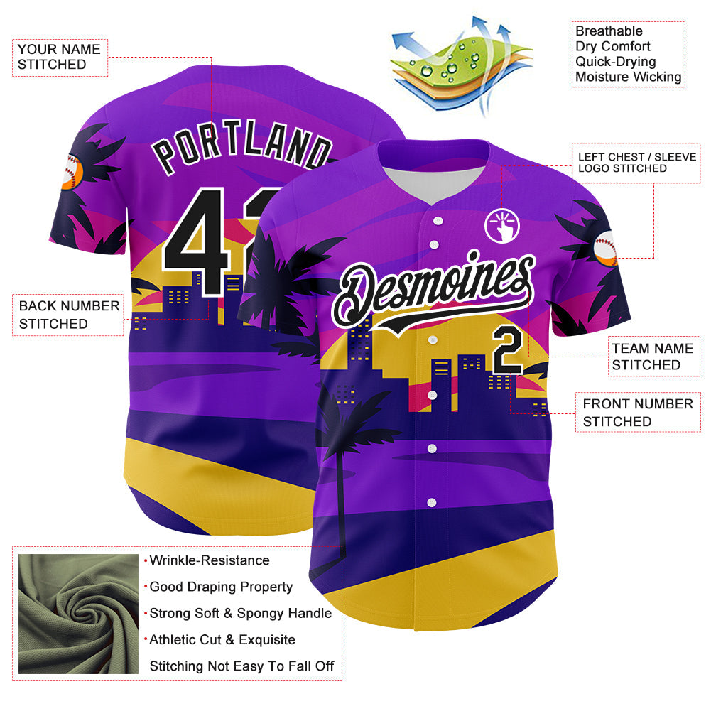 Custom Purple Black-White 3D Pattern Design Hawaii Palm Trees Authentic Baseball Jersey view 3
