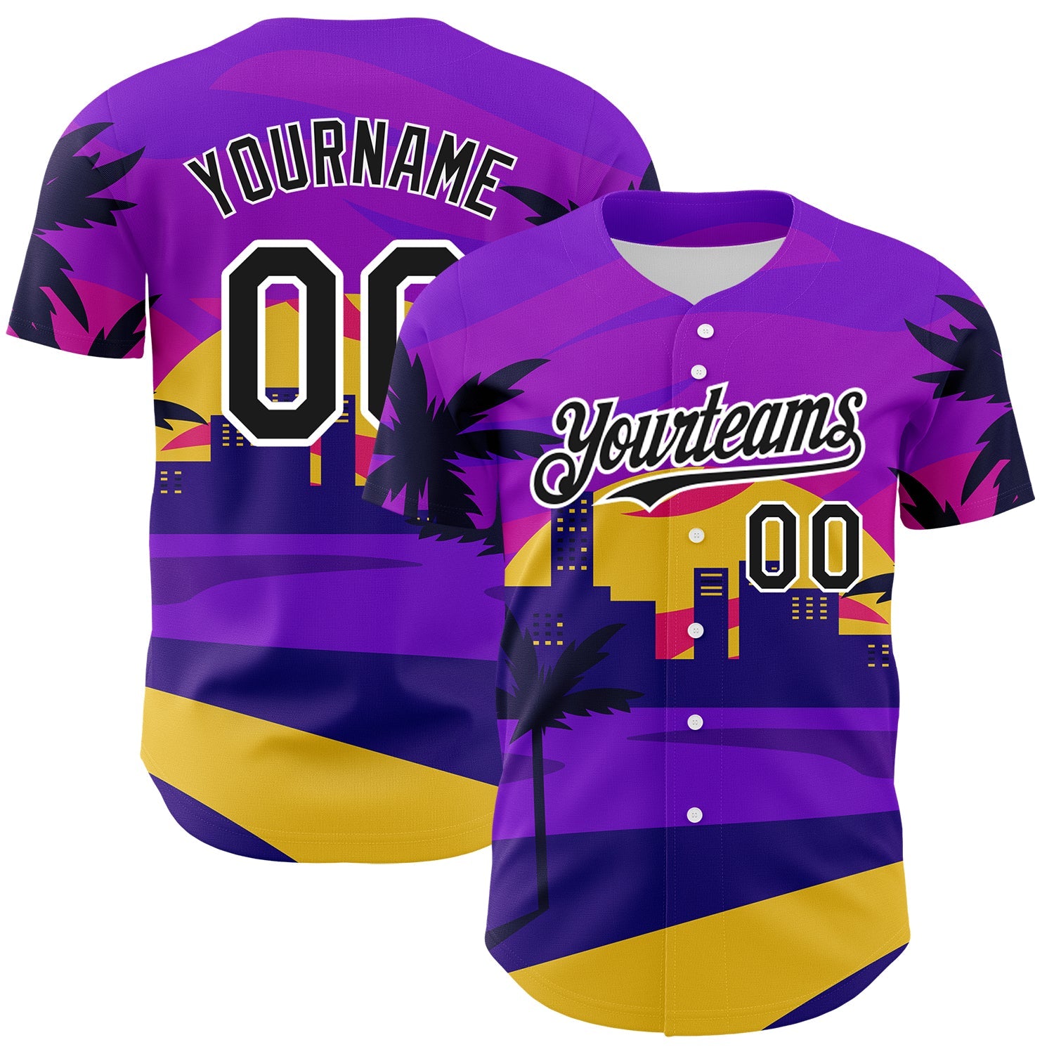 Custom Purple Black-White 3D Pattern Design Hawaii Palm Trees Authentic Baseball Jersey - Main View