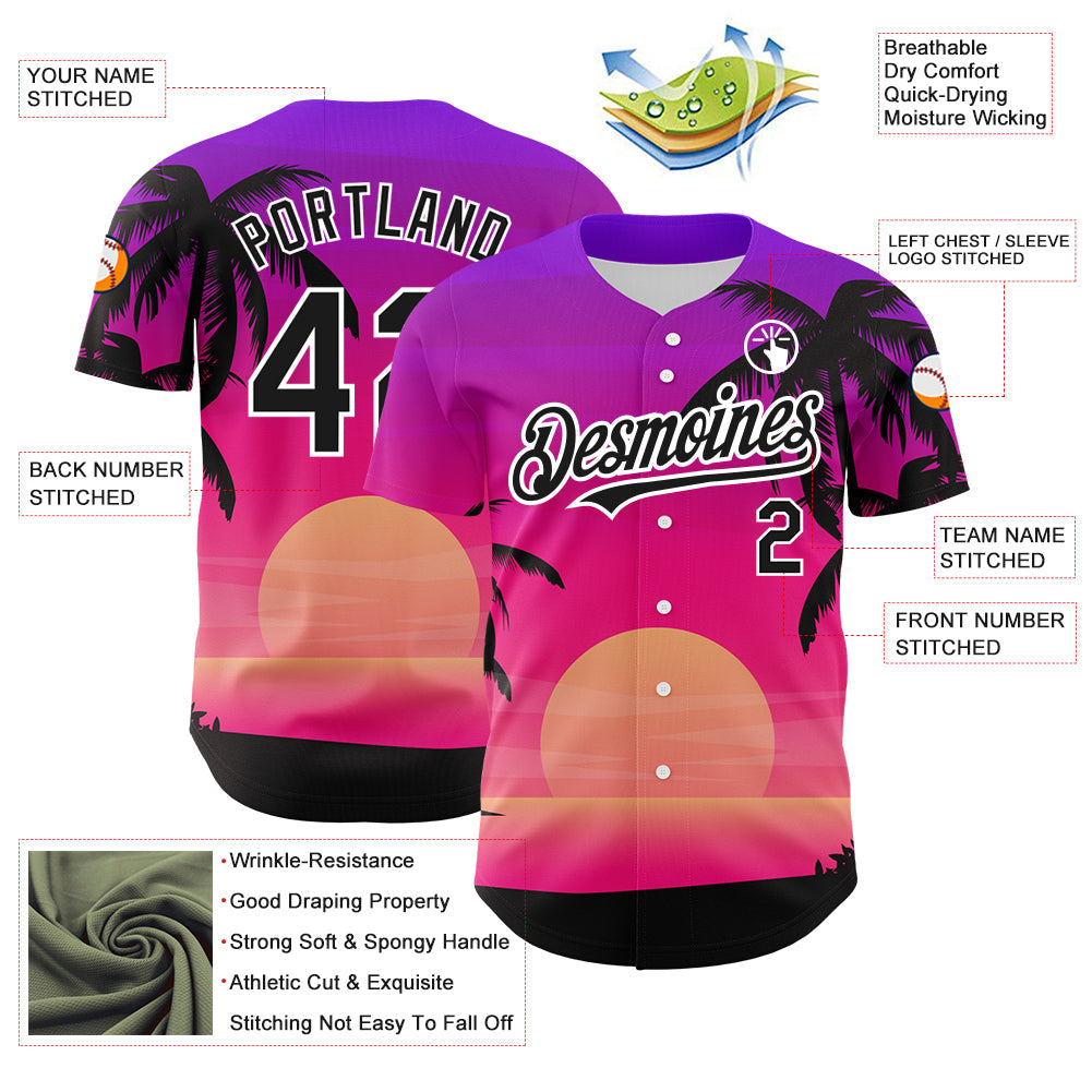 Custom Purple Black-White 3D Pattern Design Beach Hawaii Palm Trees Authentic Baseball Jersey view 3
