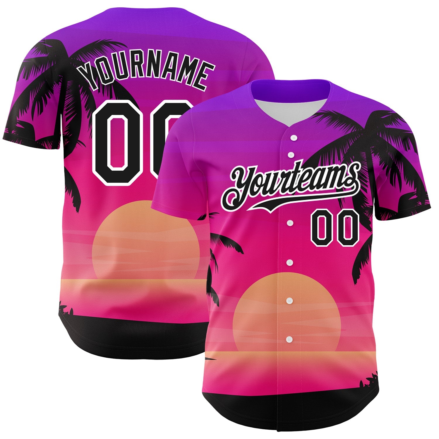 Custom Purple Black-White 3D Pattern Design Beach Hawaii Palm Trees Authentic Baseball Jersey - Main View