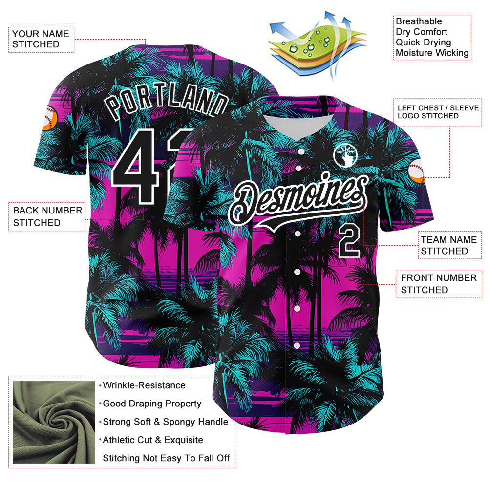 Custom Pink Black-White 3D Pattern Design Beach Hawaii Palm Trees Authentic Baseball Jersey view 3