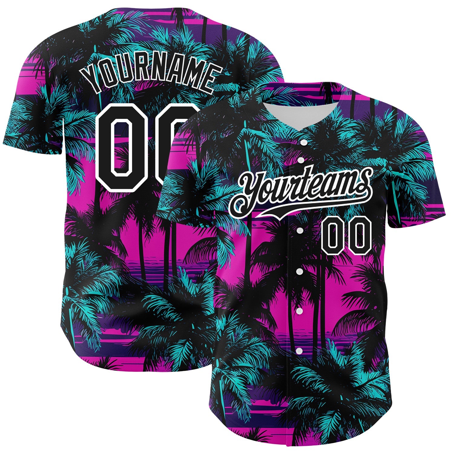 Custom Pink Black-White 3D Pattern Design Beach Hawaii Palm Trees Authentic Baseball Jersey - Main View