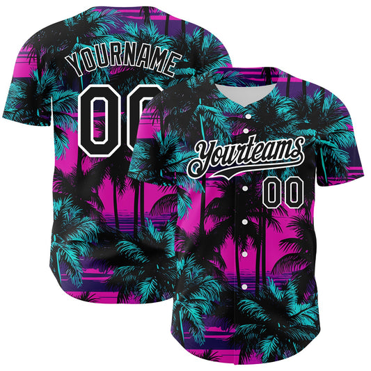Custom Pink Black-White 3D Pattern Design Beach Hawaii Palm Trees Authentic Baseball Jersey - Main View