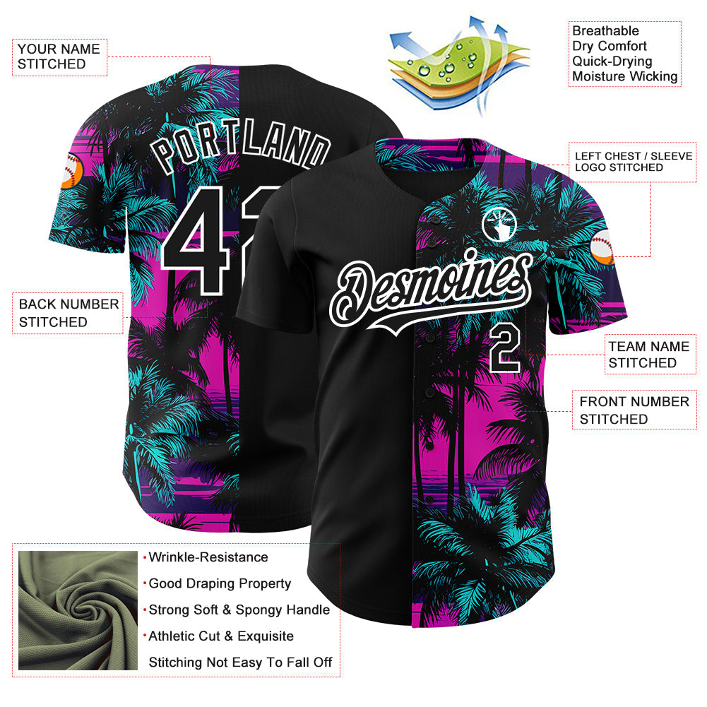 Custom Pink Black-White 3D Pattern Design Beach Hawaii Palm Trees Authentic Baseball Jersey view 3