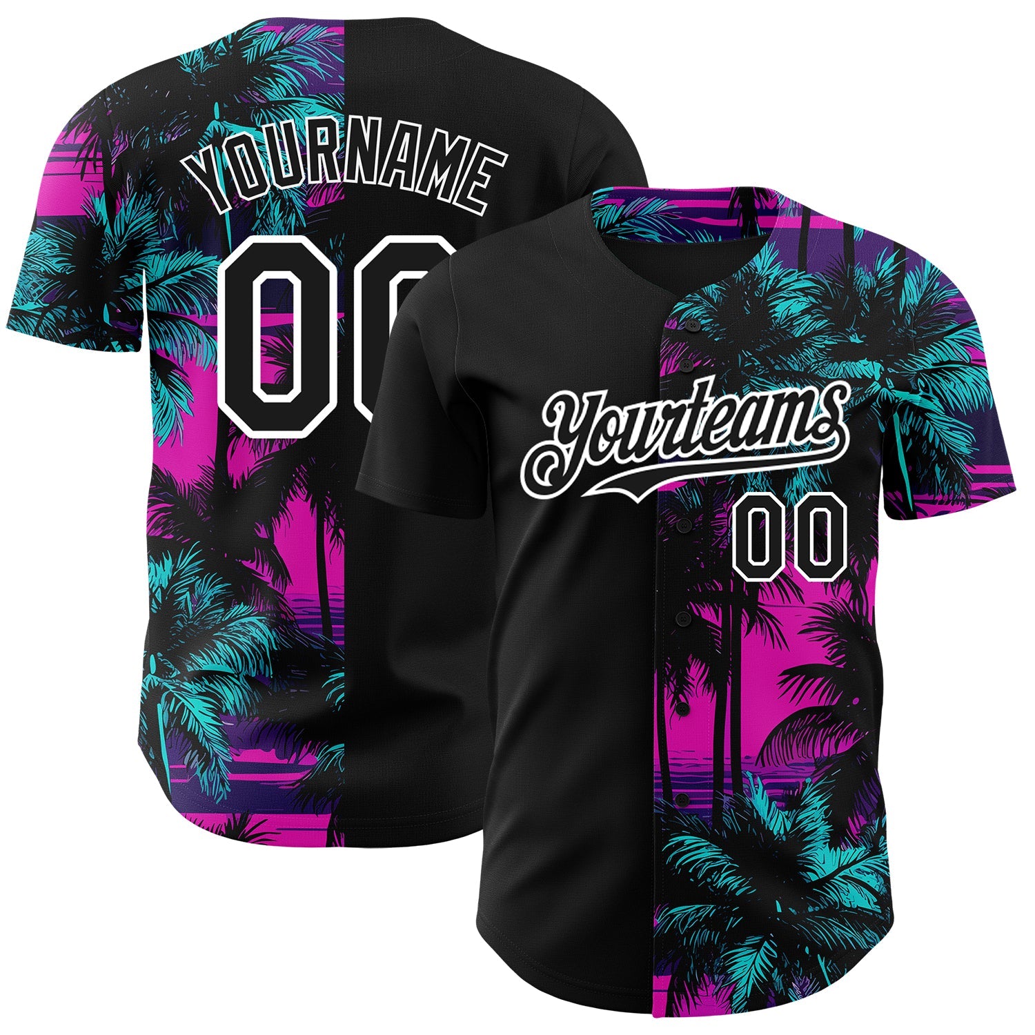 Custom Pink Black-White 3D Pattern Design Beach Hawaii Palm Trees Authentic Baseball Jersey - Main View