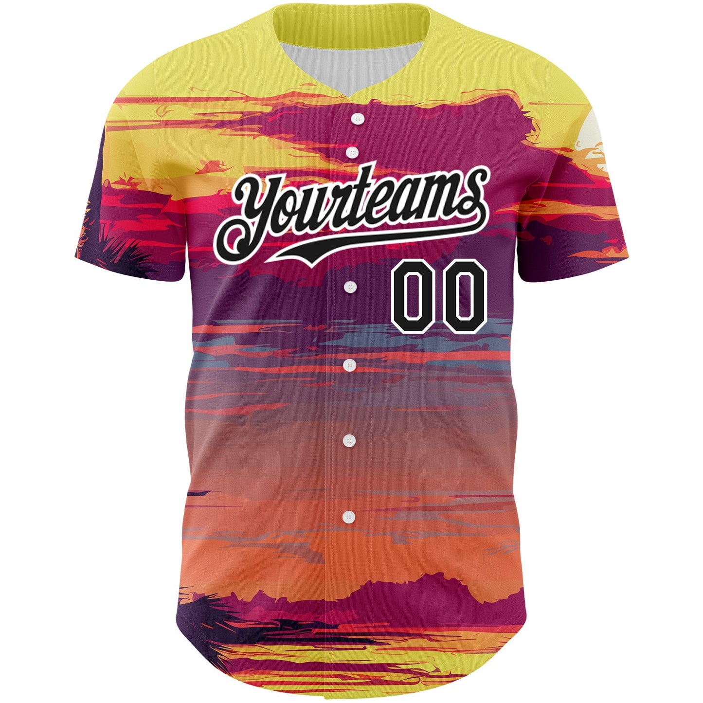 Custom Yellow Black-White 3D Pattern Design Beach Hawaii Palm Trees Authentic Baseball Jersey view 2