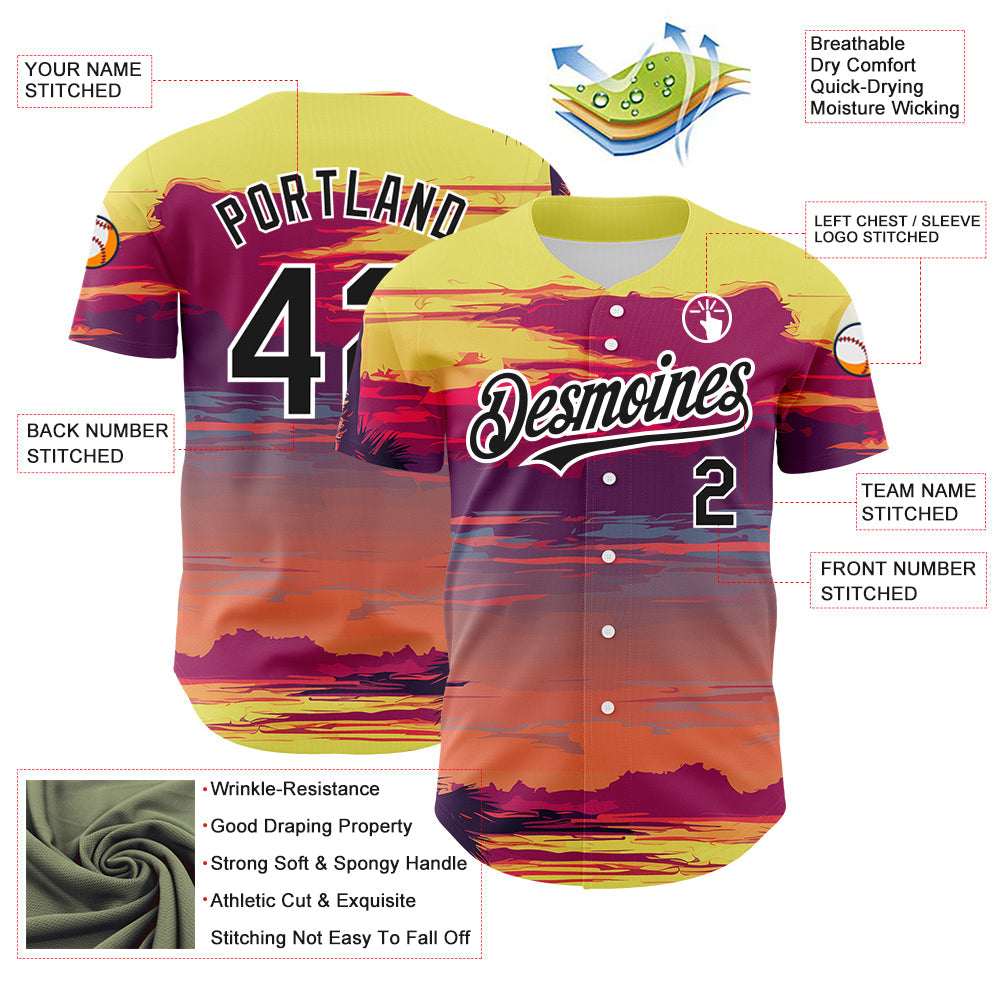 Custom Yellow Black-White 3D Pattern Design Beach Hawaii Palm Trees Authentic Baseball Jersey view 3