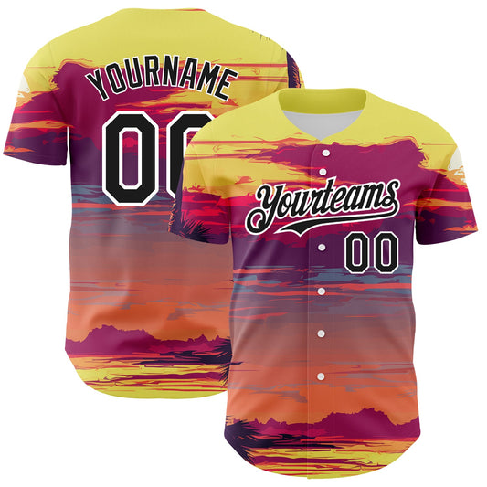 Custom Yellow Black-White 3D Pattern Design Beach Hawaii Palm Trees Authentic Baseball Jersey - Main View