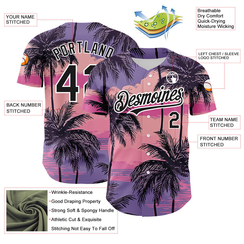 Custom Purple Black-White 3D Pattern Design Beach Hawaii Palm Trees Authentic Baseball Jersey view 3