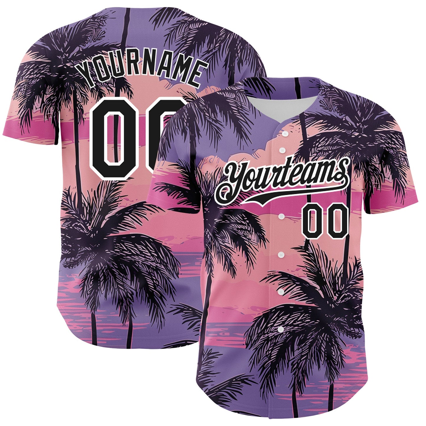 Custom Purple Black-White 3D Pattern Design Beach Hawaii Palm Trees Authentic Baseball Jersey - Main View