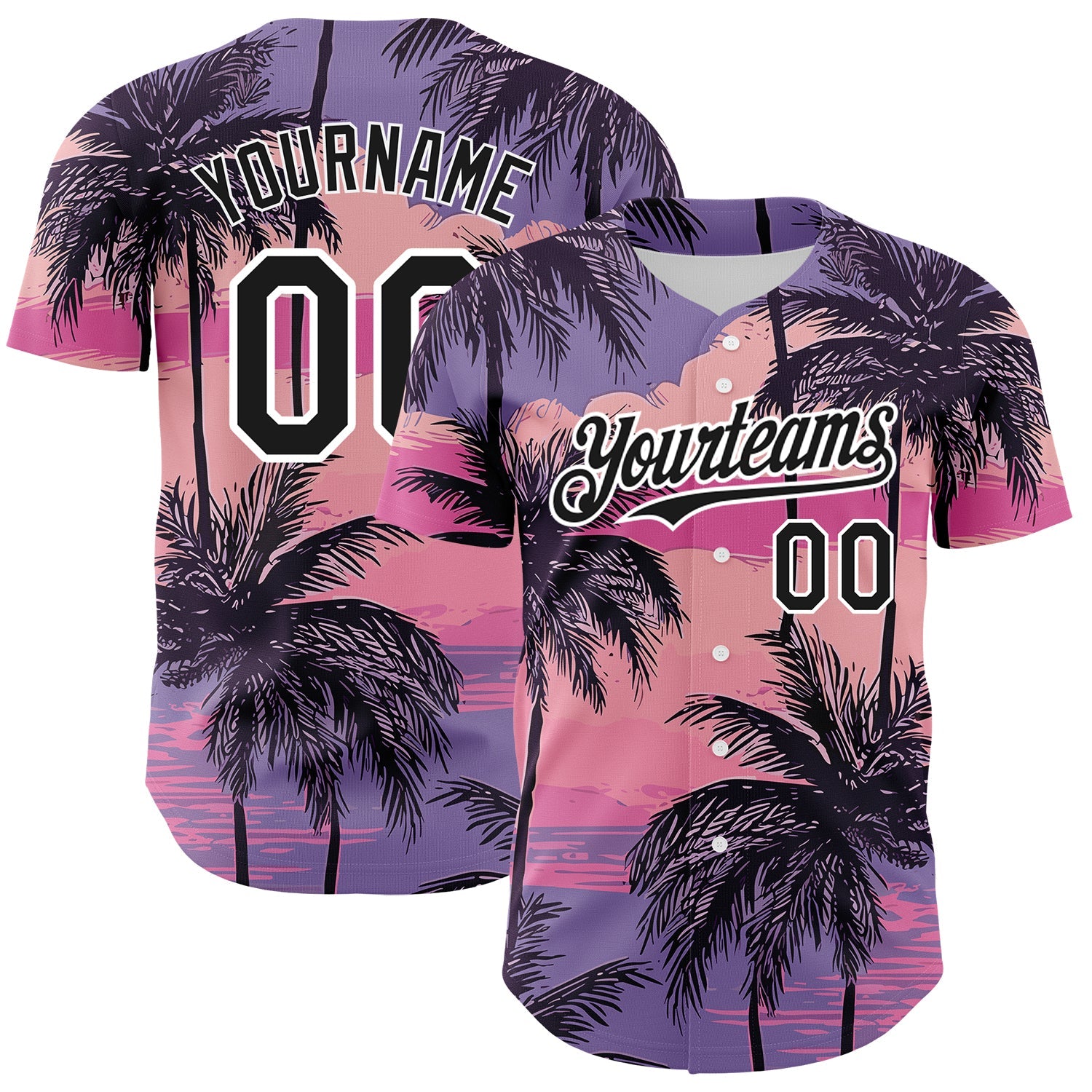 Custom Purple Black-White 3D Pattern Design Beach Hawaii Palm Trees Authentic Baseball Jersey - Main View
