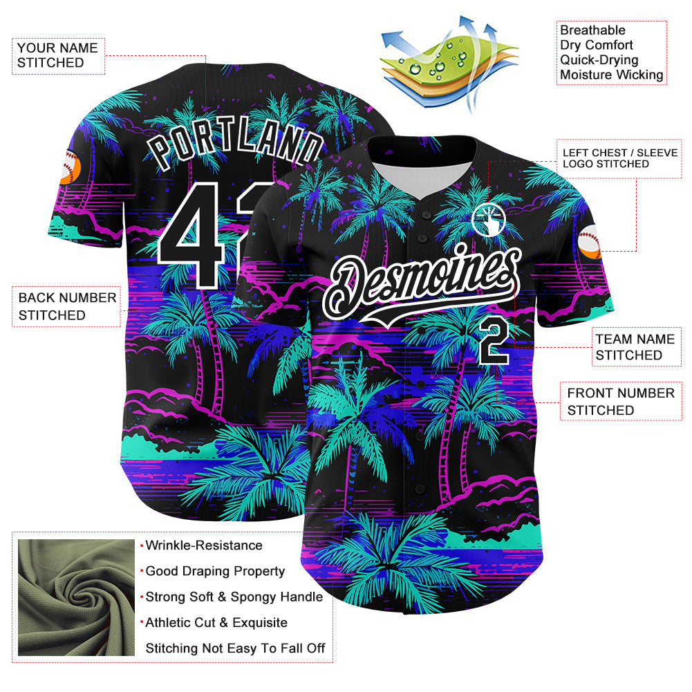 Custom Black White 3D Pattern Design Beach Hawaii Palm Trees Authentic Baseball Jersey view 3