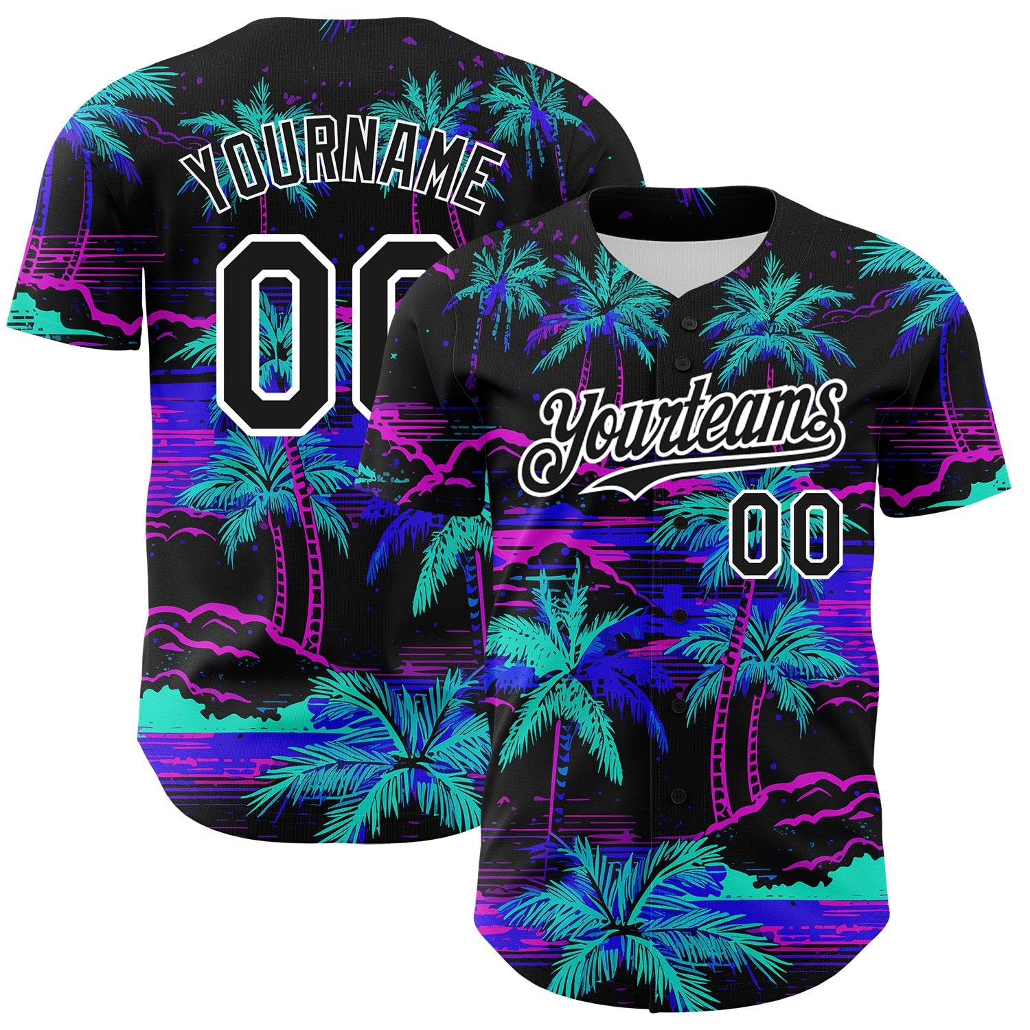 Custom Black White 3D Pattern Design Beach Hawaii Palm Trees Authentic Baseball Jersey - Main View