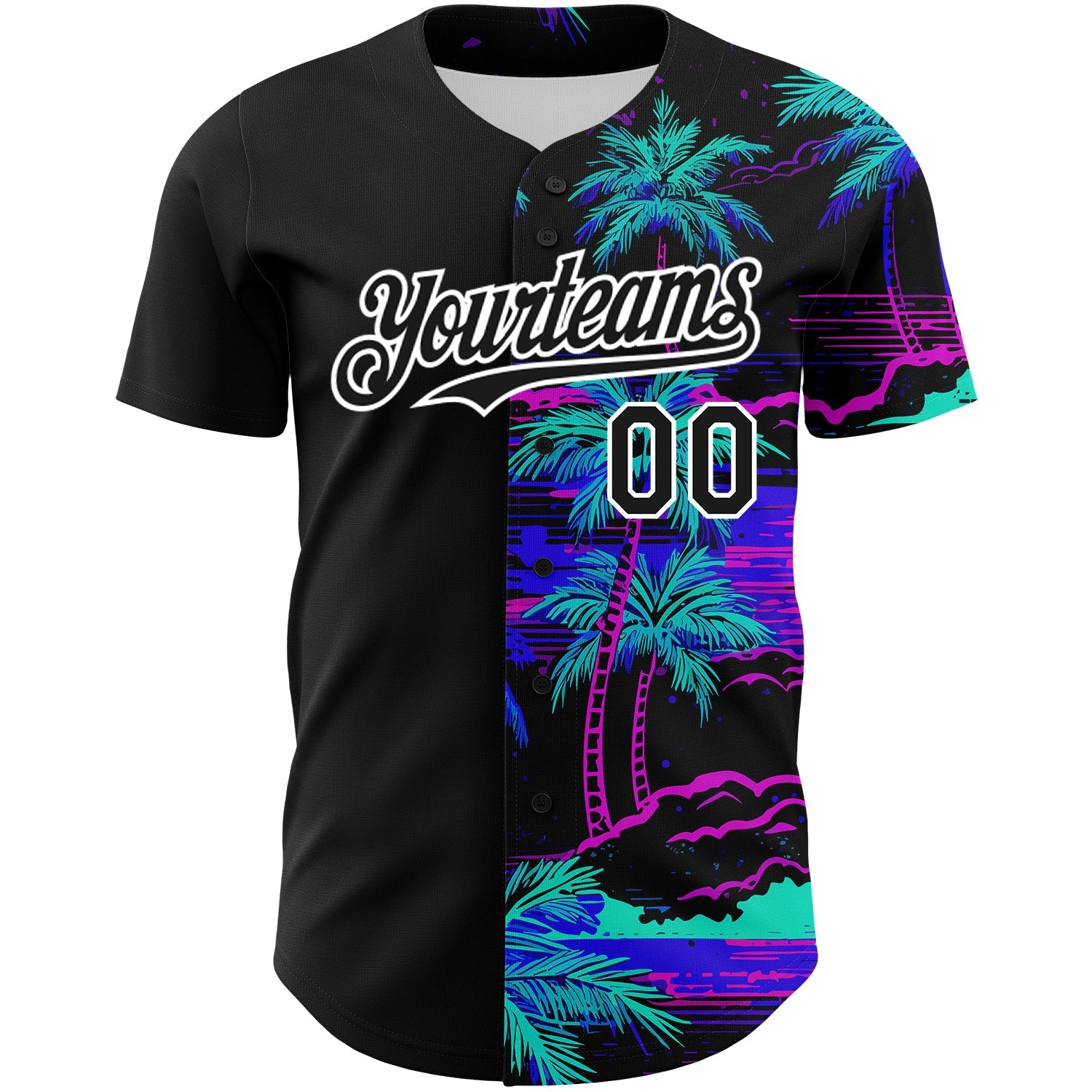 Custom Black White 3D Pattern Design Beach Hawaii Palm Trees Authentic Baseball Jersey view 2