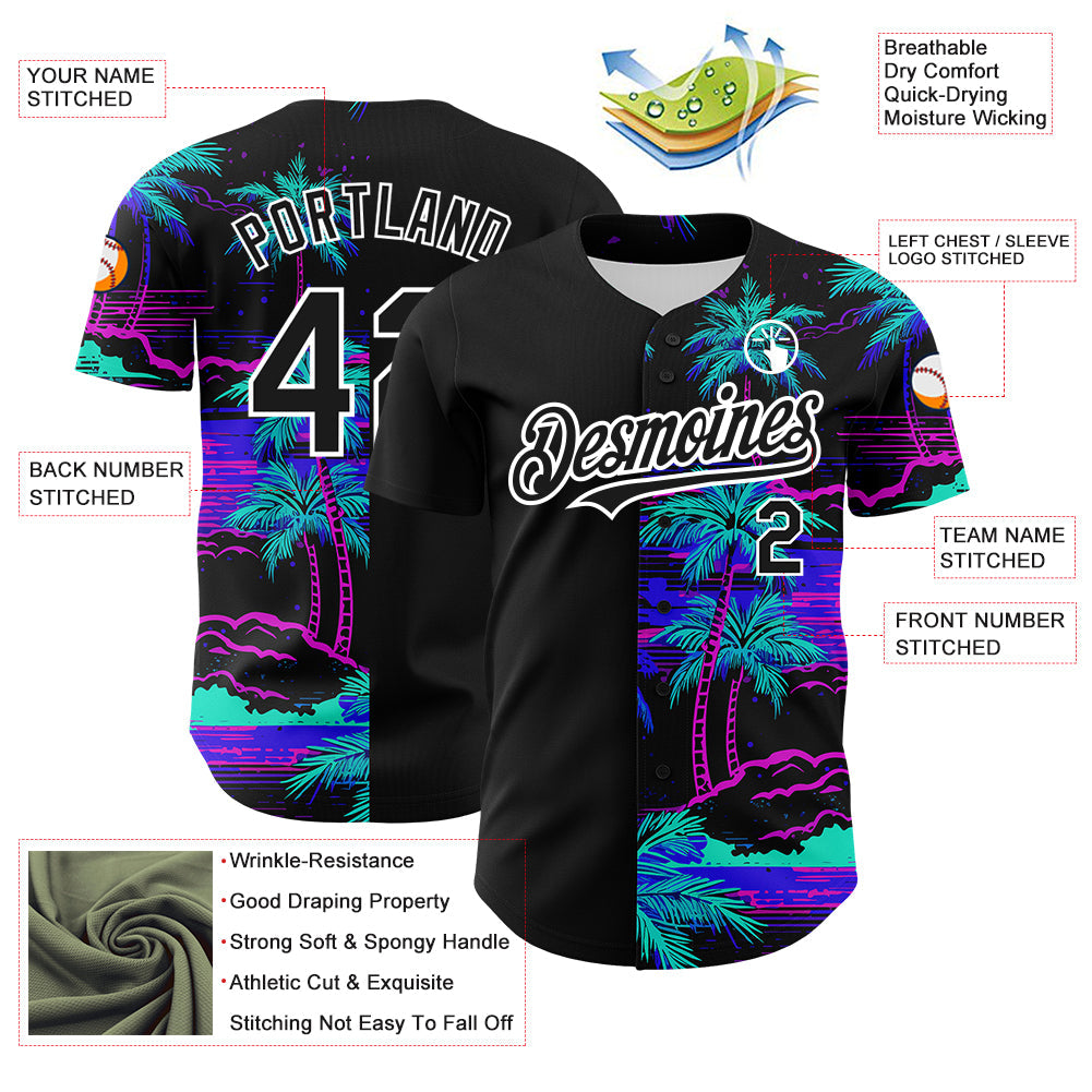 Custom Black White 3D Pattern Design Beach Hawaii Palm Trees Authentic Baseball Jersey view 3