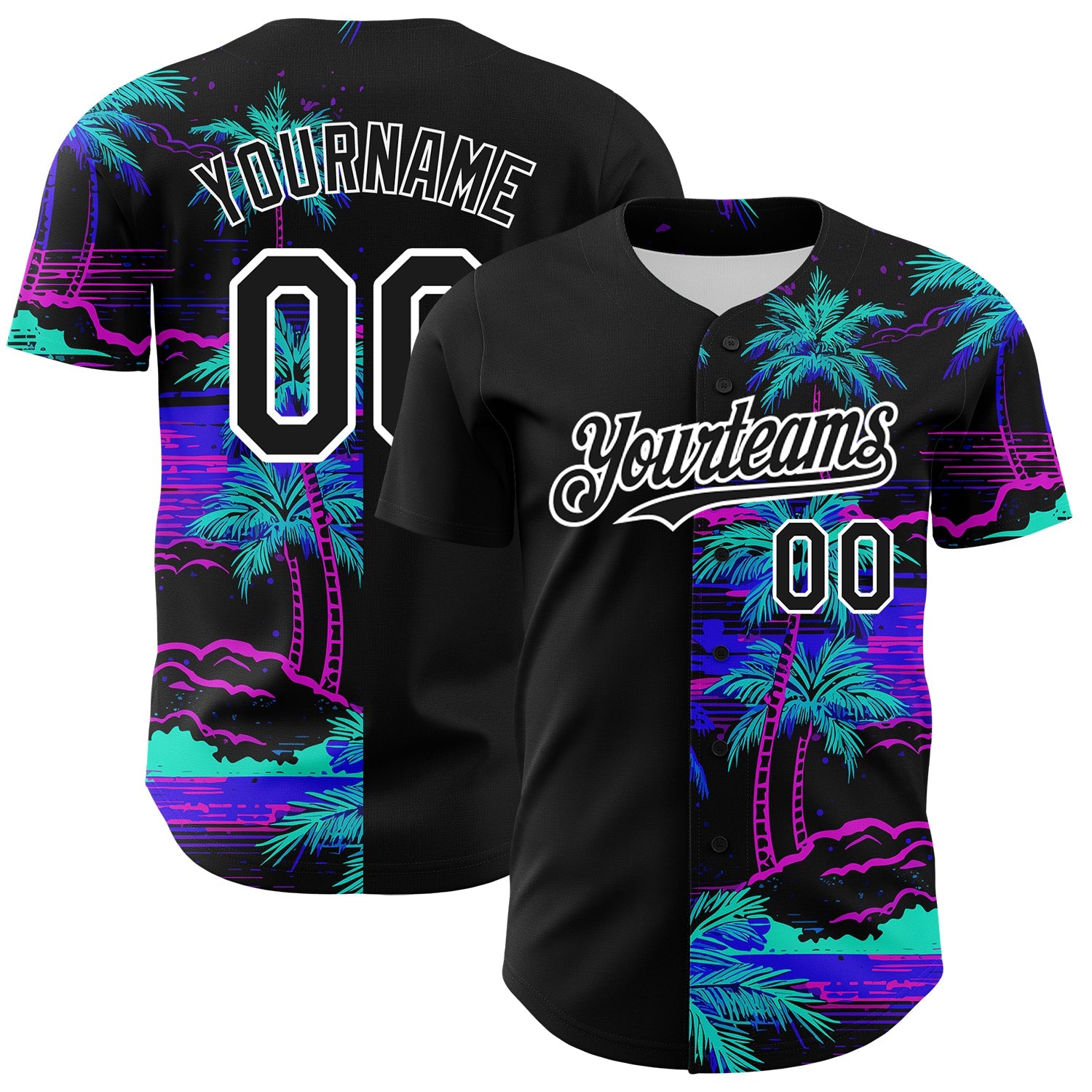 Custom Black White 3D Pattern Design Beach Hawaii Palm Trees Authentic Baseball Jersey - Main View