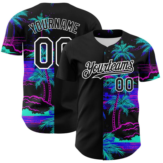 Custom Black White 3D Pattern Design Beach Hawaii Palm Trees Authentic Baseball Jersey - Main View