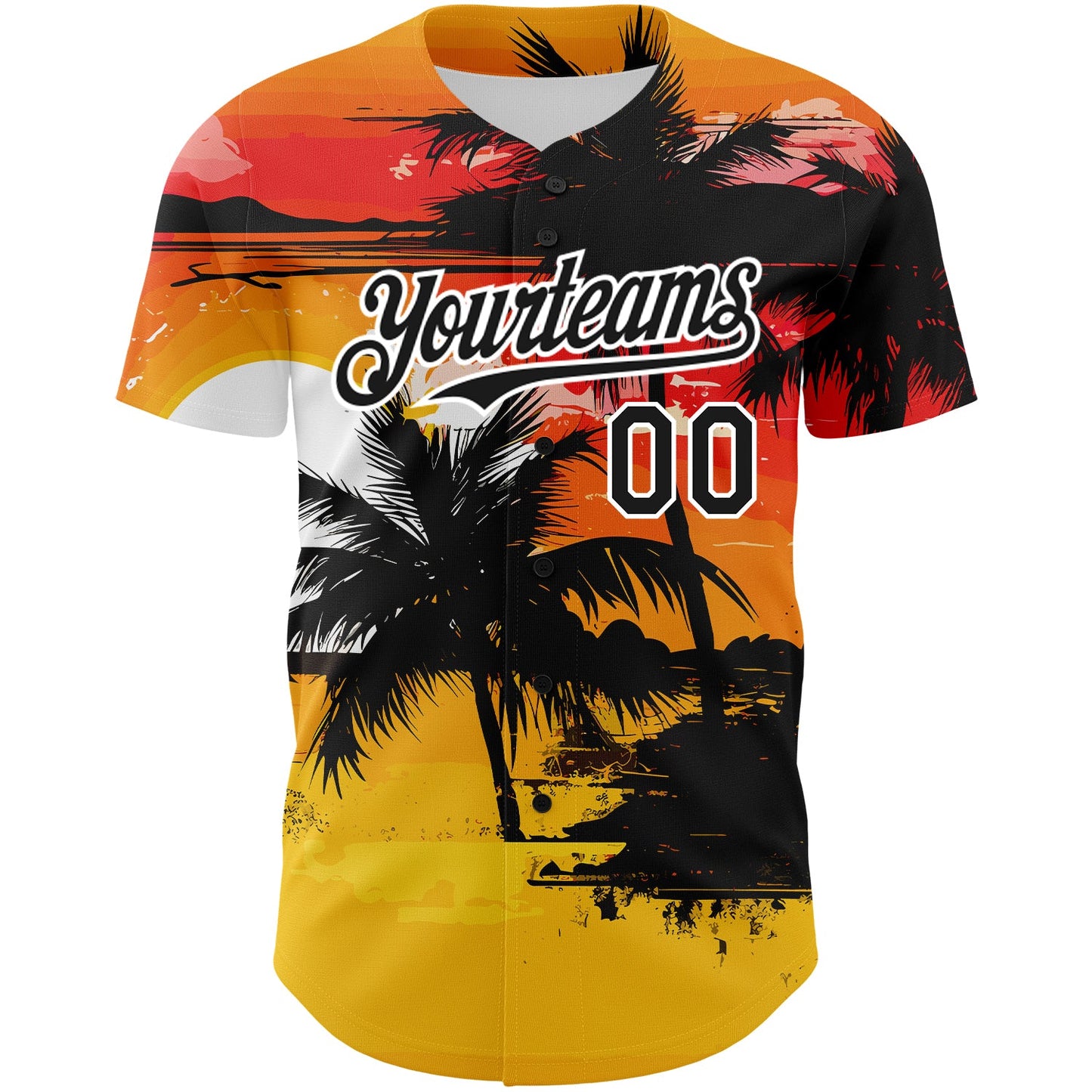 Custom Yellow Black White 3D Pattern Design Beach Hawaii Palm Trees Authentic Baseball Jersey view 2