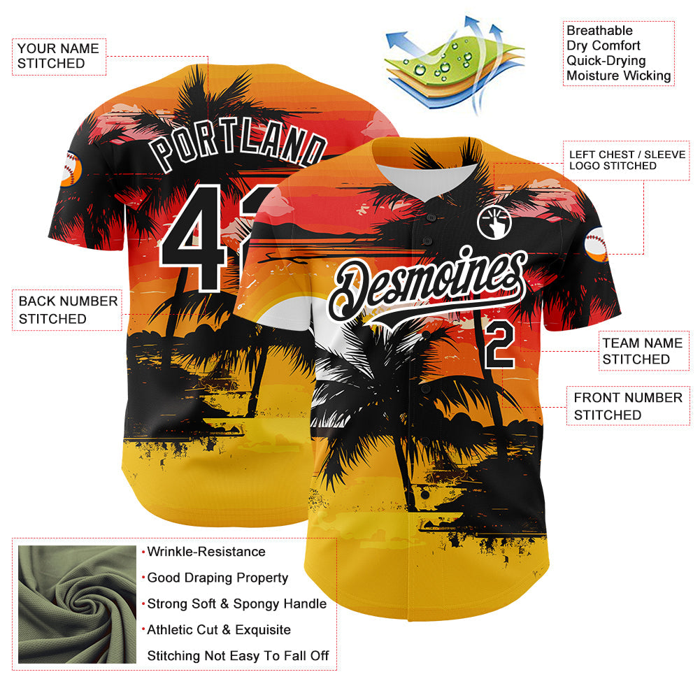 Custom Yellow Black White 3D Pattern Design Beach Hawaii Palm Trees Authentic Baseball Jersey view 3