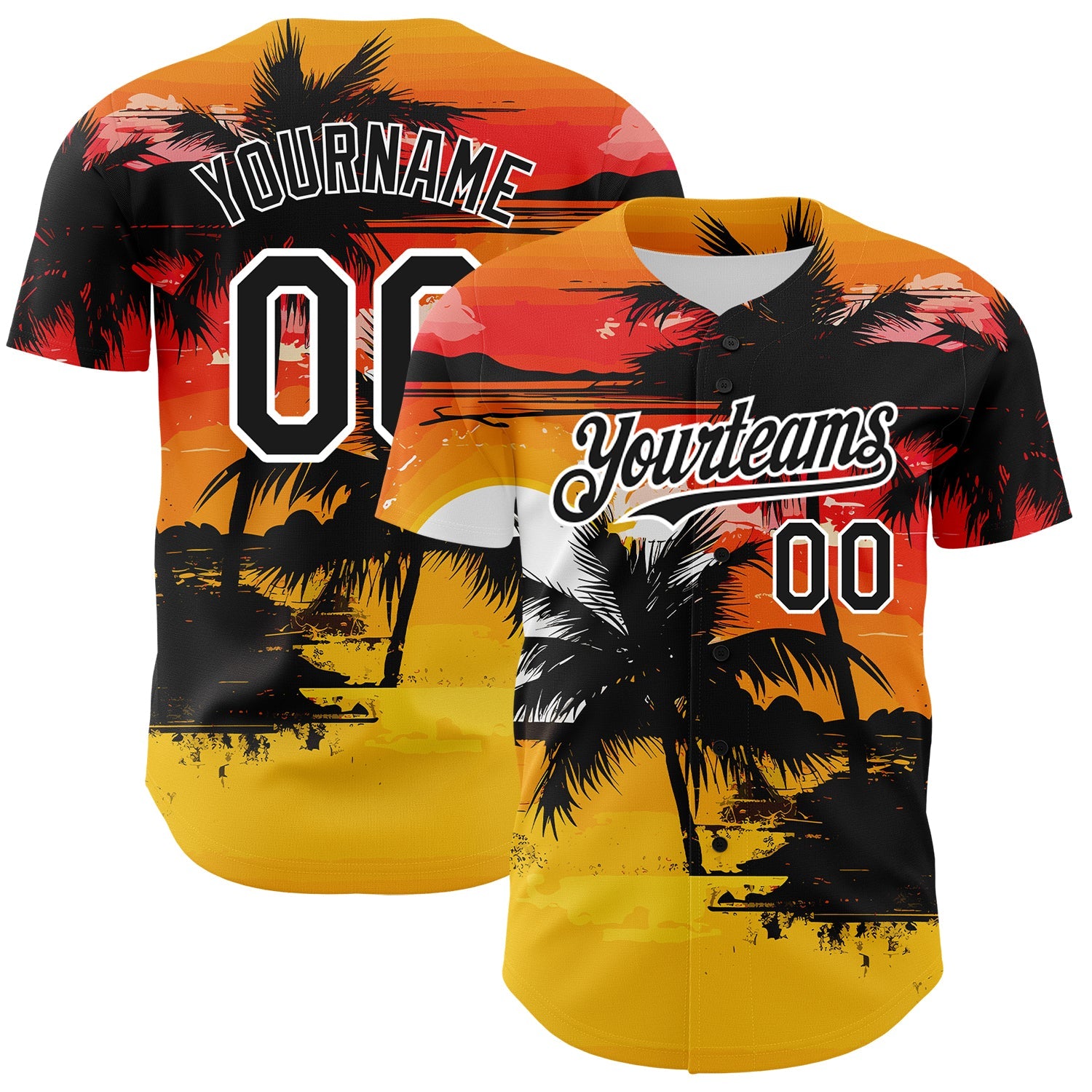 Custom Yellow Black White 3D Pattern Design Beach Hawaii Palm Trees Authentic Baseball Jersey - Main View