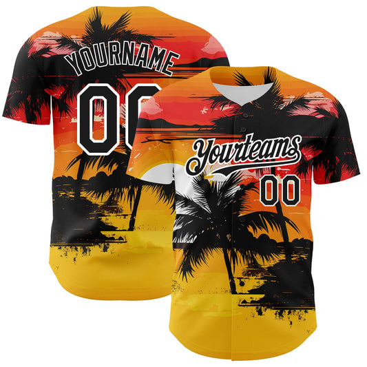 Custom Yellow Black White 3D Pattern Design Beach Hawaii Palm Trees Authentic Baseball Jersey - Main View