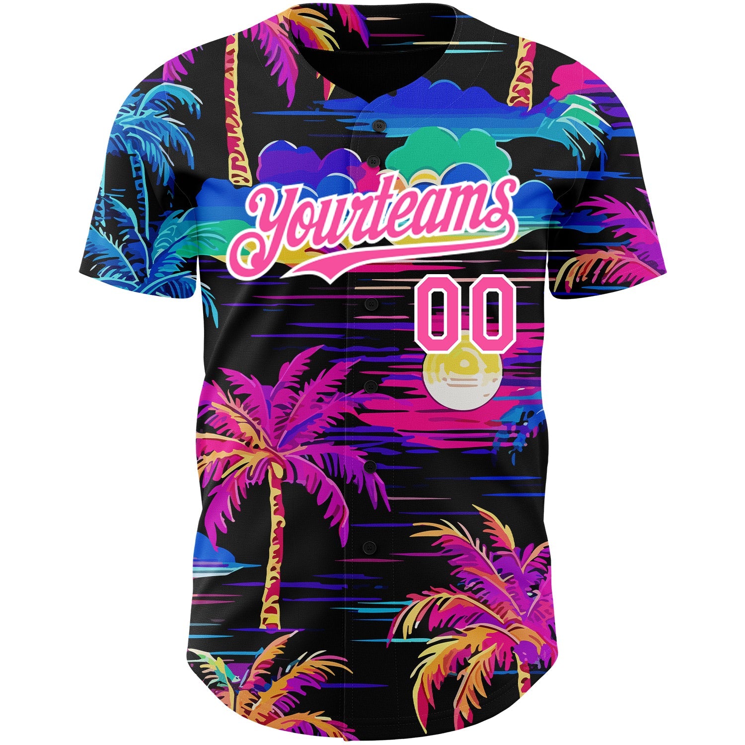 Custom Black Pink-White 3D Pattern Design Beach Hawaii Palm Trees Authentic Baseball Jersey view 2