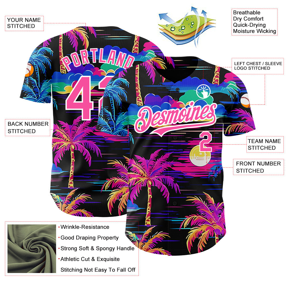 Custom Black Pink-White 3D Pattern Design Beach Hawaii Palm Trees Authentic Baseball Jersey view 3