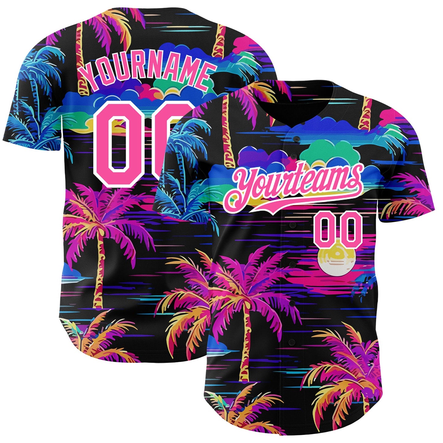 Custom Black Pink-White 3D Pattern Design Beach Hawaii Palm Trees Authentic Baseball Jersey - Main View