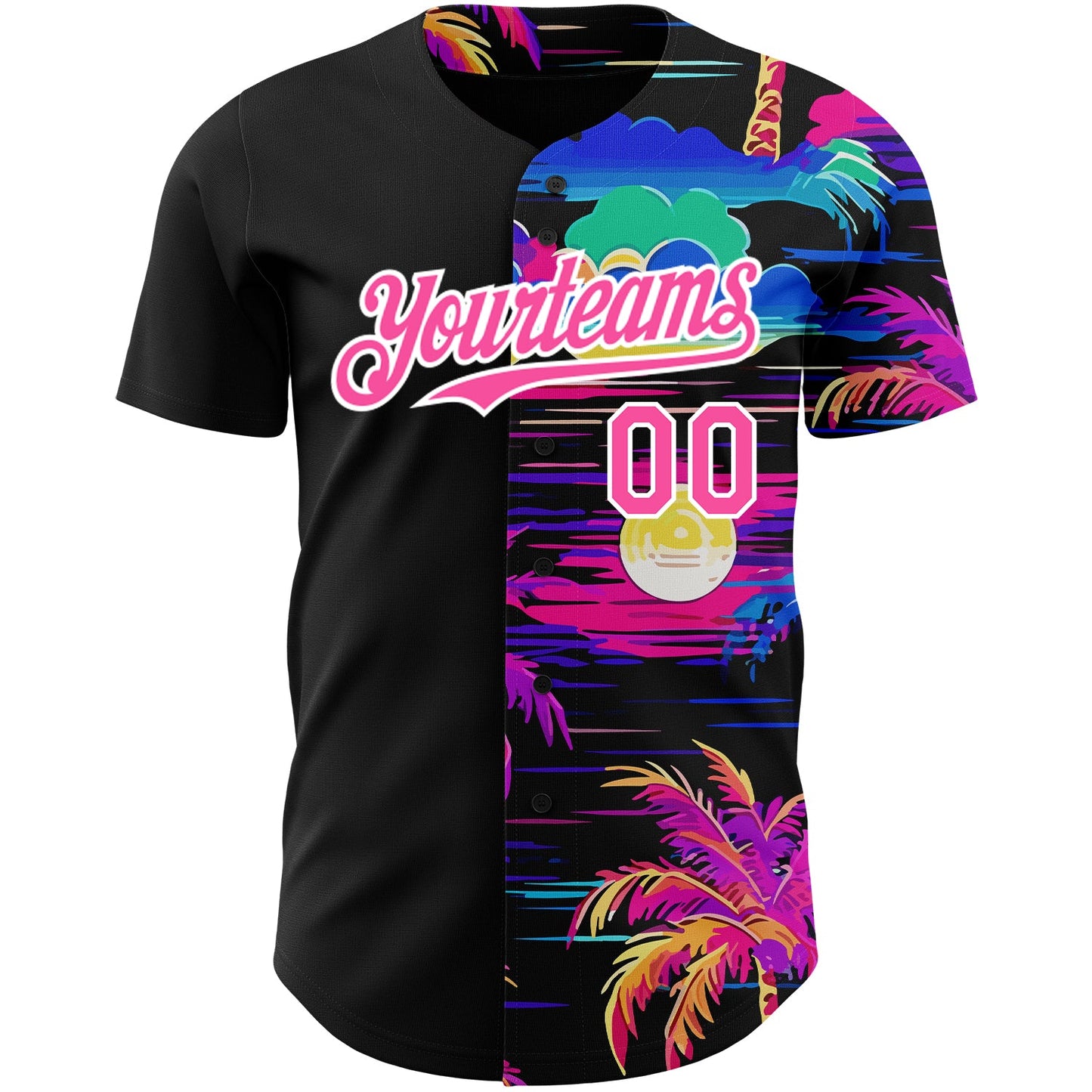 Custom Black Pink-White 3D Pattern Design Beach Hawaii Palm Trees Authentic Baseball Jersey view 2