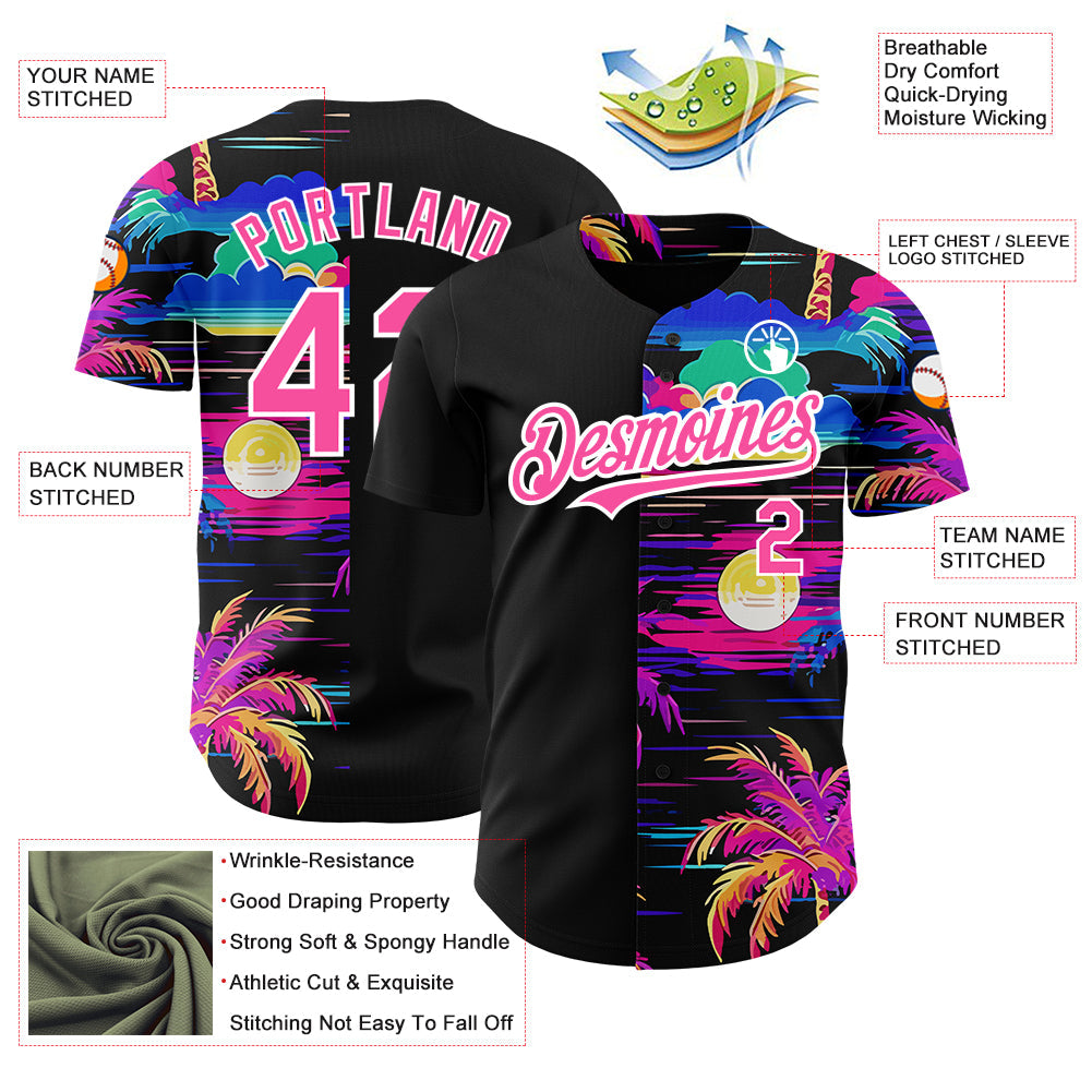 Custom Black Pink-White 3D Pattern Design Beach Hawaii Palm Trees Authentic Baseball Jersey view 3