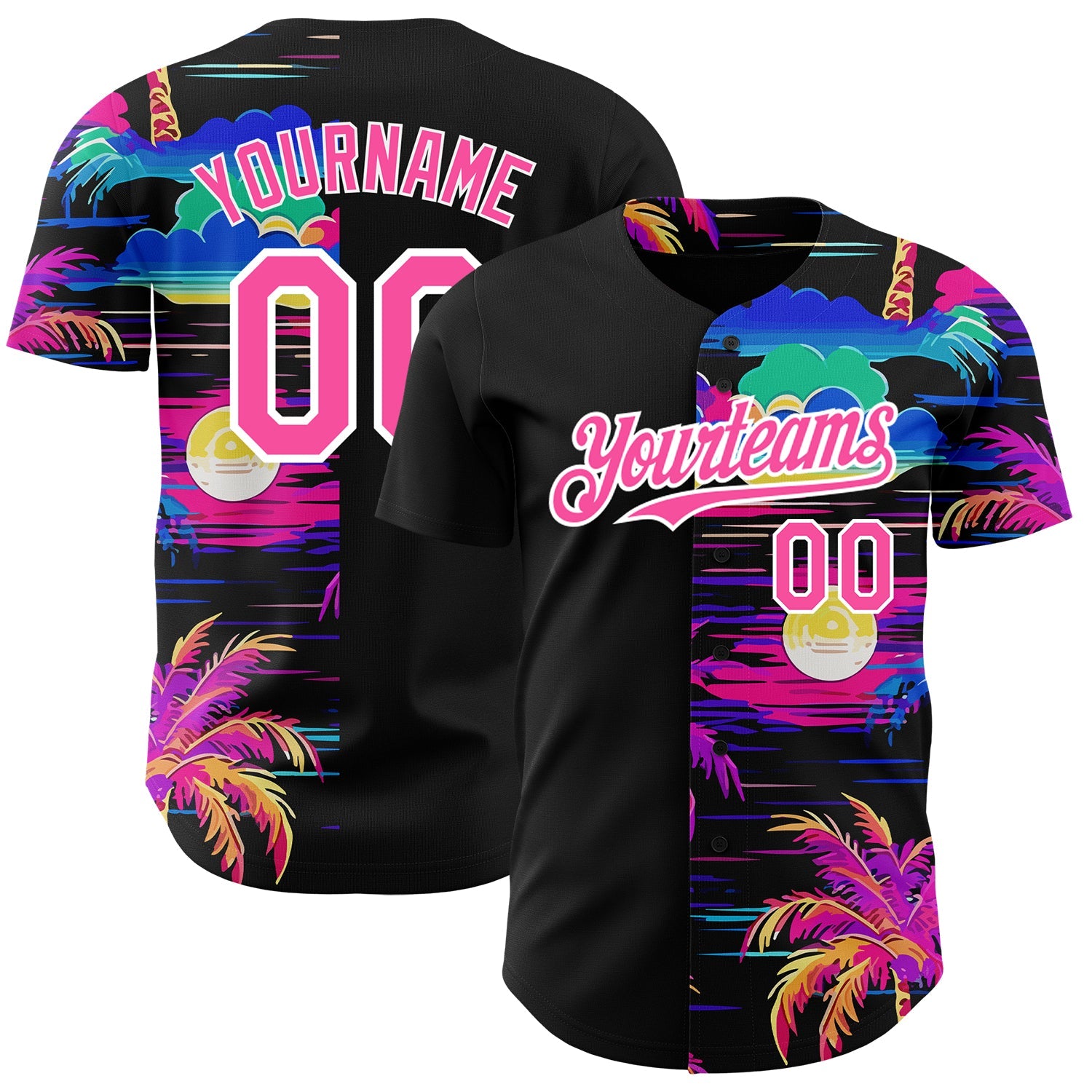Custom Black Pink-White 3D Pattern Design Beach Hawaii Palm Trees Authentic Baseball Jersey - Main View