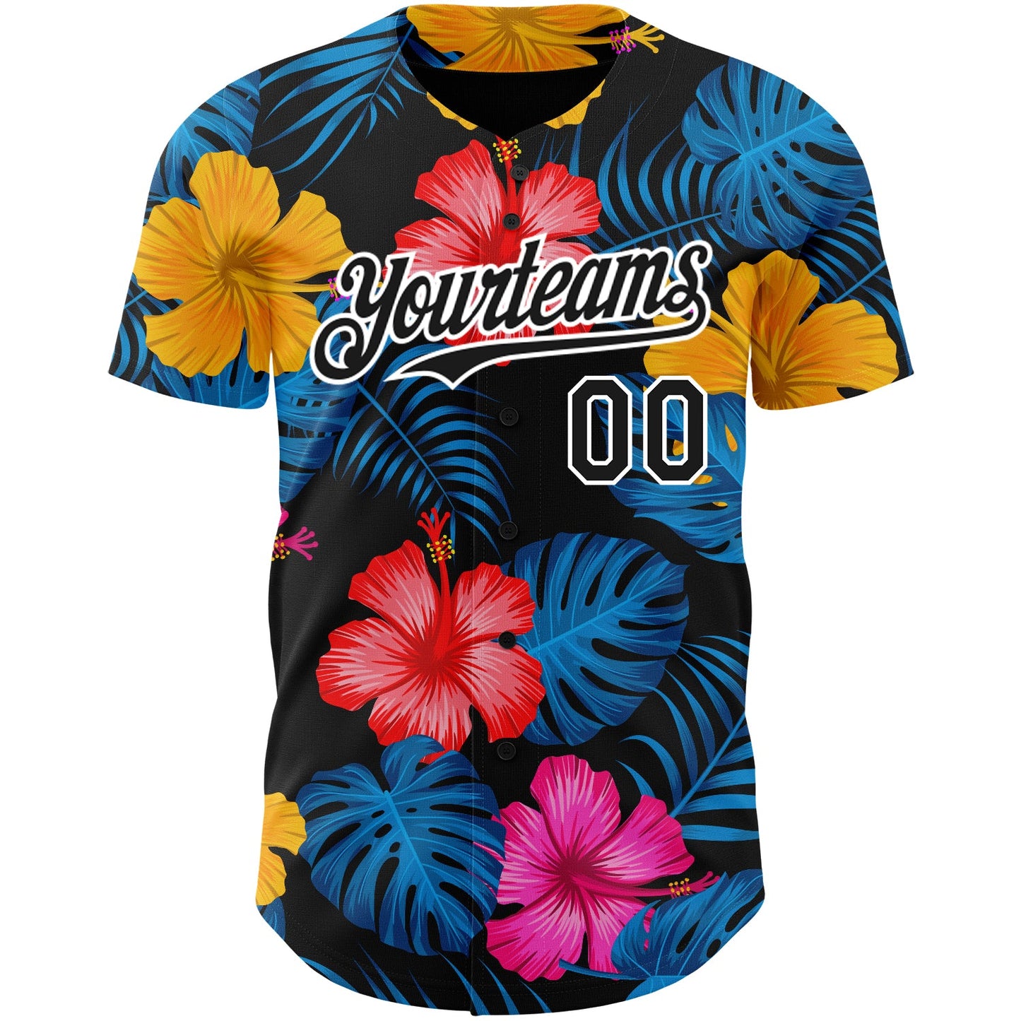 Custom Black White 3D Pattern Design Tropical Flower And Hawaii Palm Leaves Authentic Baseball Jersey view 2
