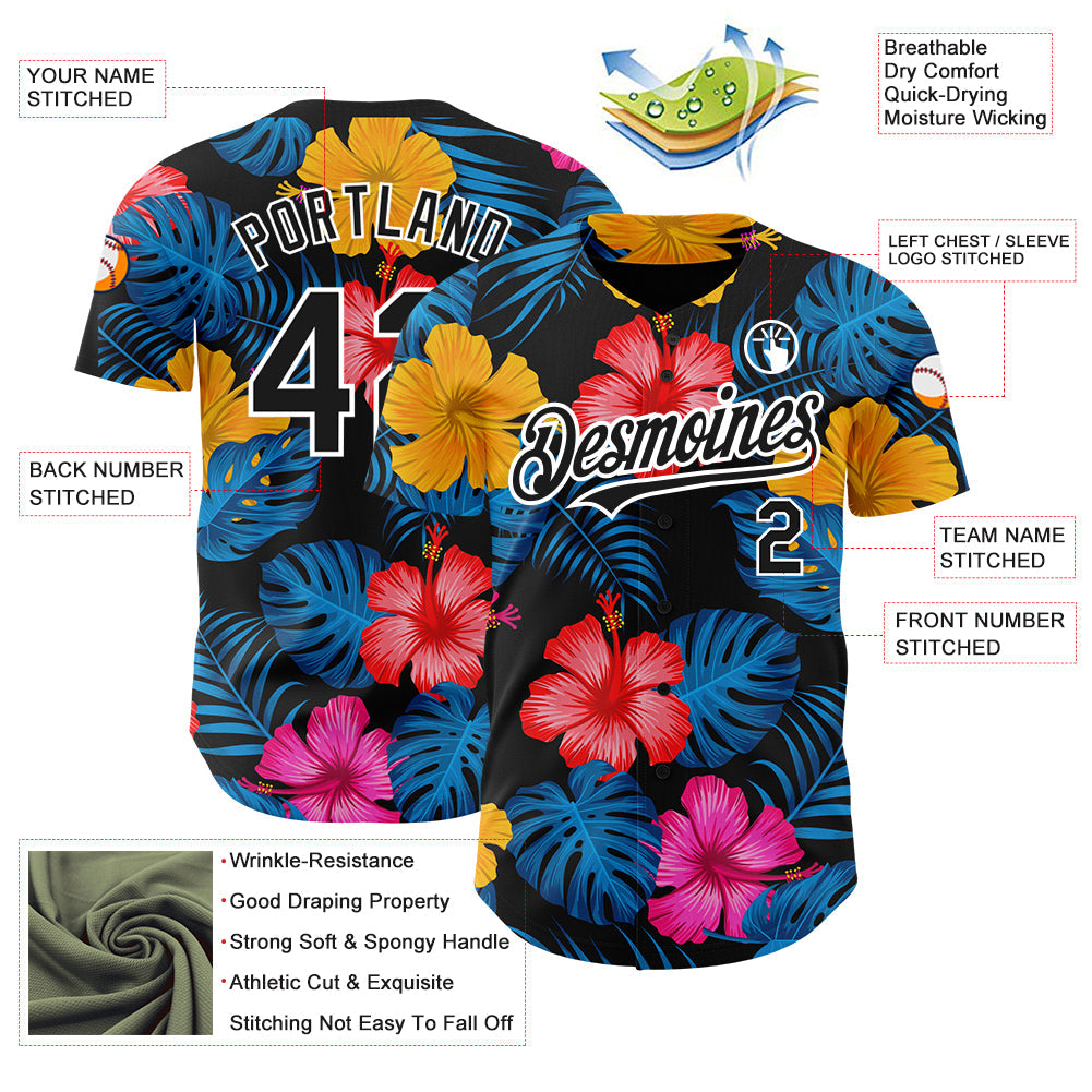 Custom Black White 3D Pattern Design Tropical Flower And Hawaii Palm Leaves Authentic Baseball Jersey view 3