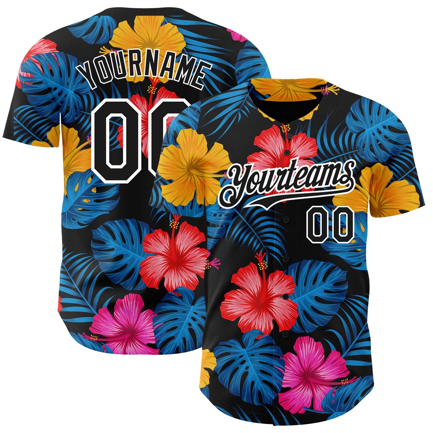 Custom Black White 3D Pattern Design Tropical Flower And Hawaii Palm Leaves Authentic Baseball Jersey - Main View