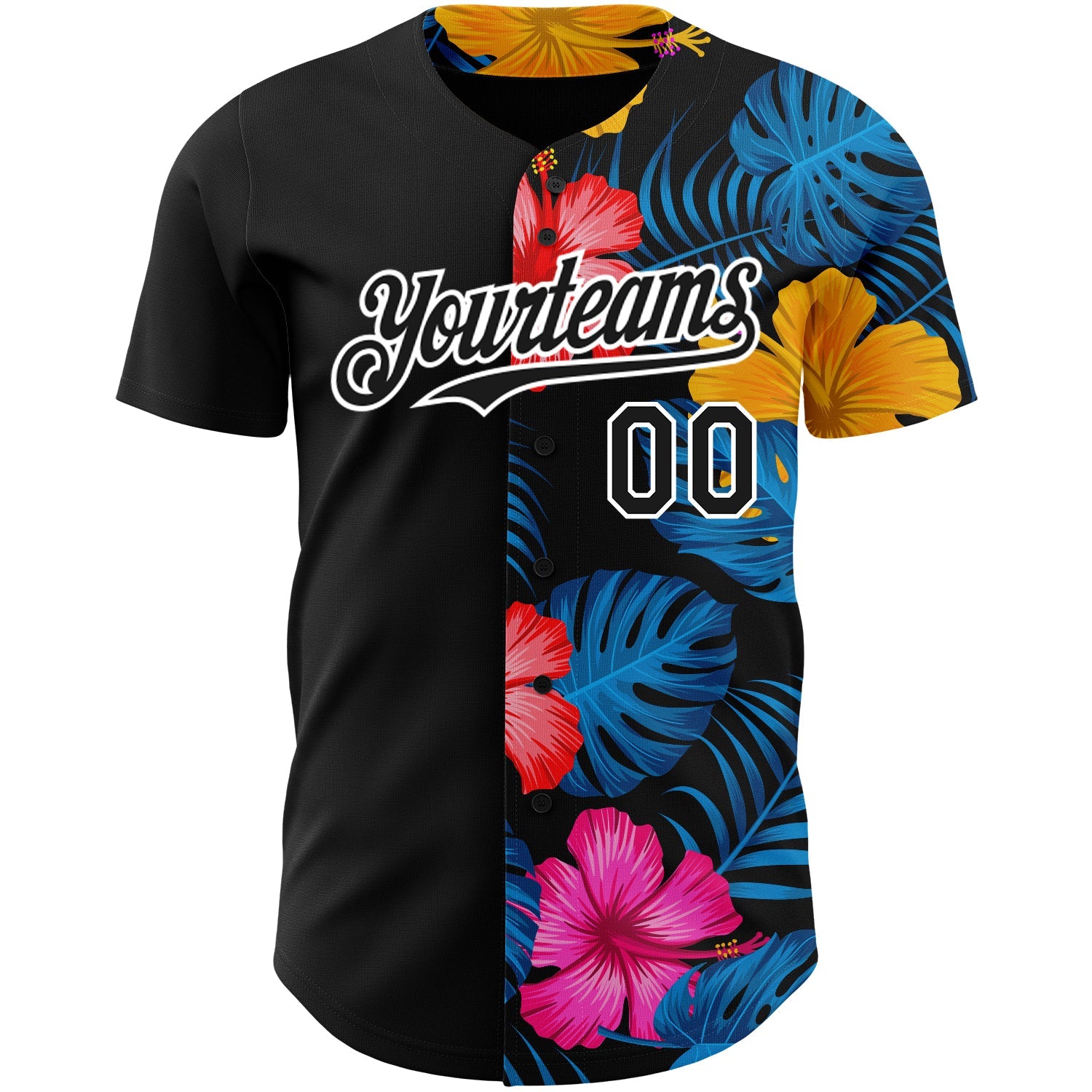 Custom Black White 3D Pattern Design Tropical Flower And Hawaii Palm Leaves Authentic Baseball Jersey view 2