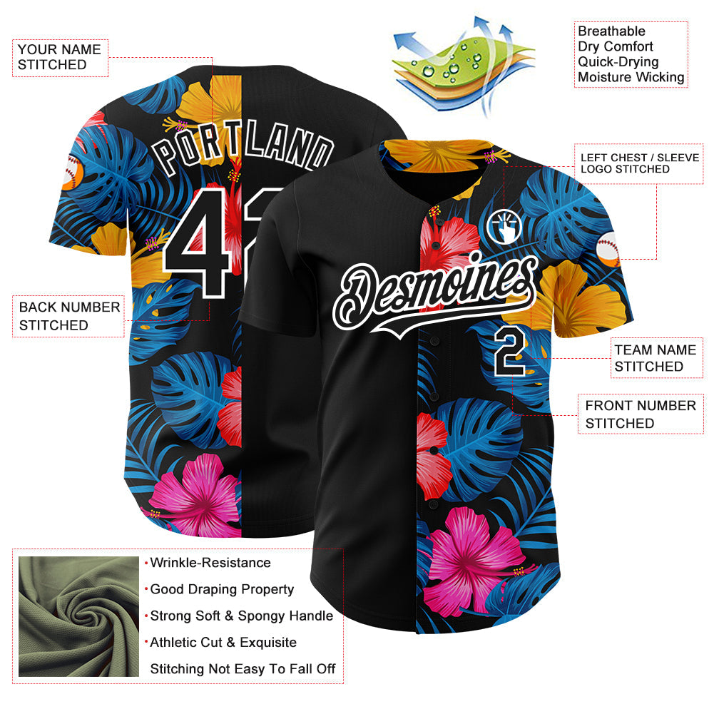 Custom Black White 3D Pattern Design Tropical Flower And Hawaii Palm Leaves Authentic Baseball Jersey view 3
