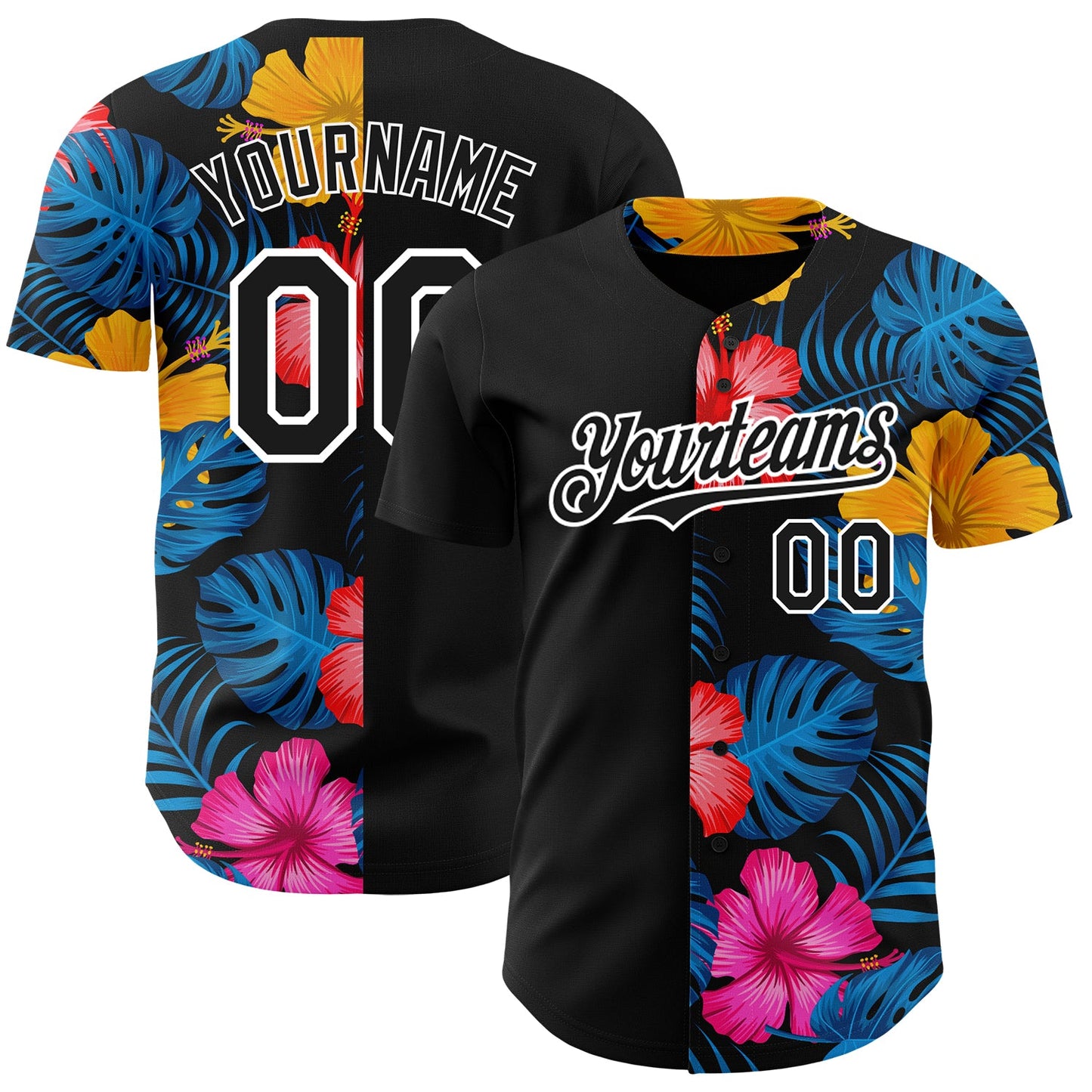 Custom Black White 3D Pattern Design Tropical Flower And Hawaii Palm Leaves Authentic Baseball Jersey - Main View