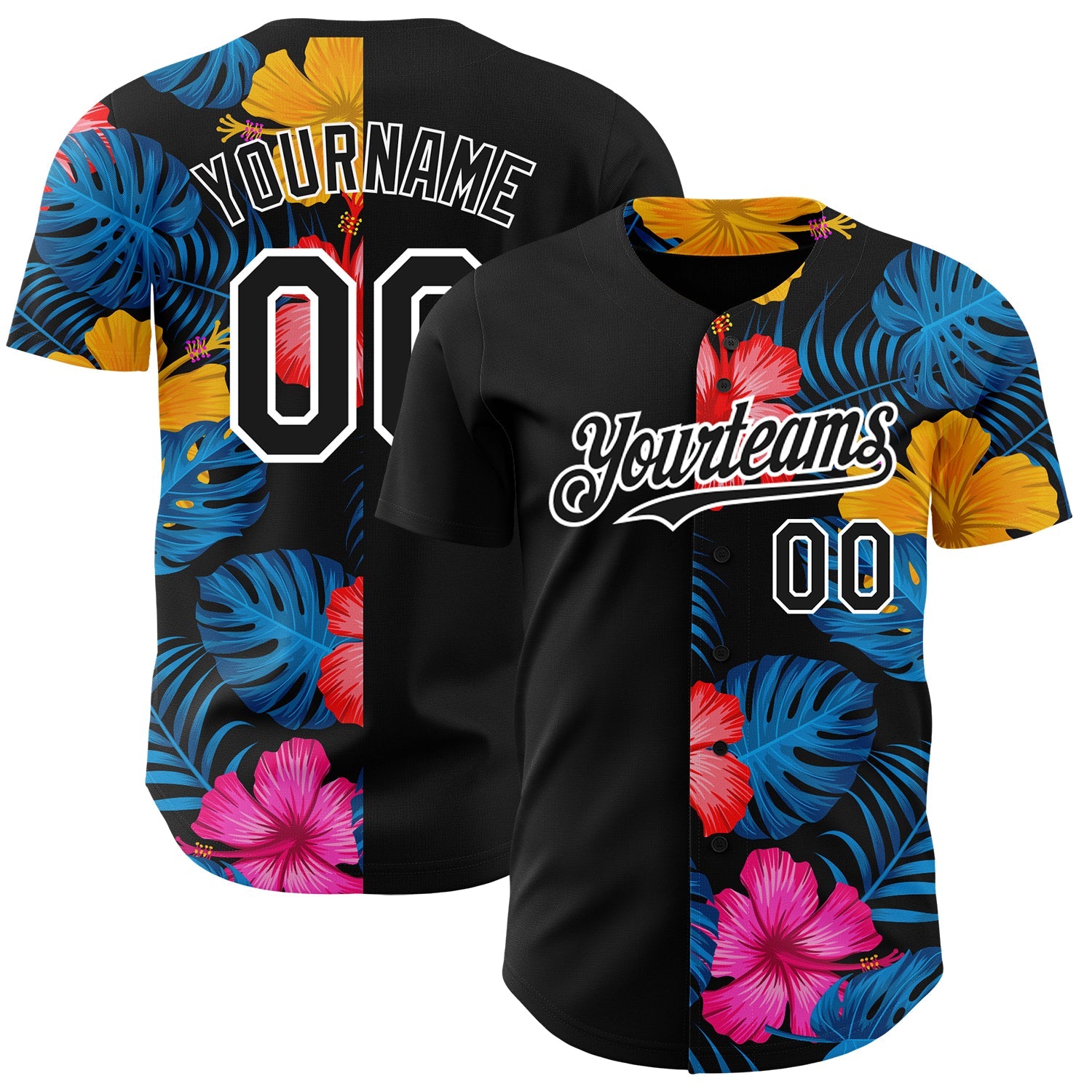 Custom Black White 3D Pattern Design Tropical Flower And Hawaii Palm Leaves Authentic Baseball Jersey - Main View