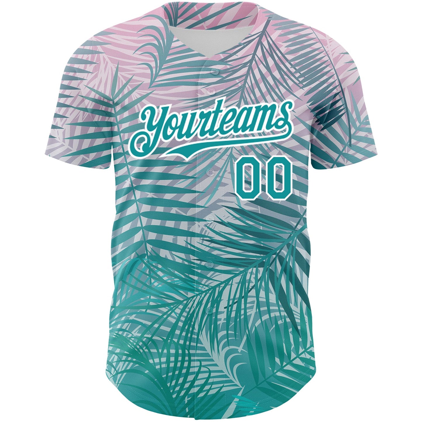 Custom Teal White 3D Pattern Design Tropical Hawaii Palm Leaves Authentic Baseball Jersey view 2