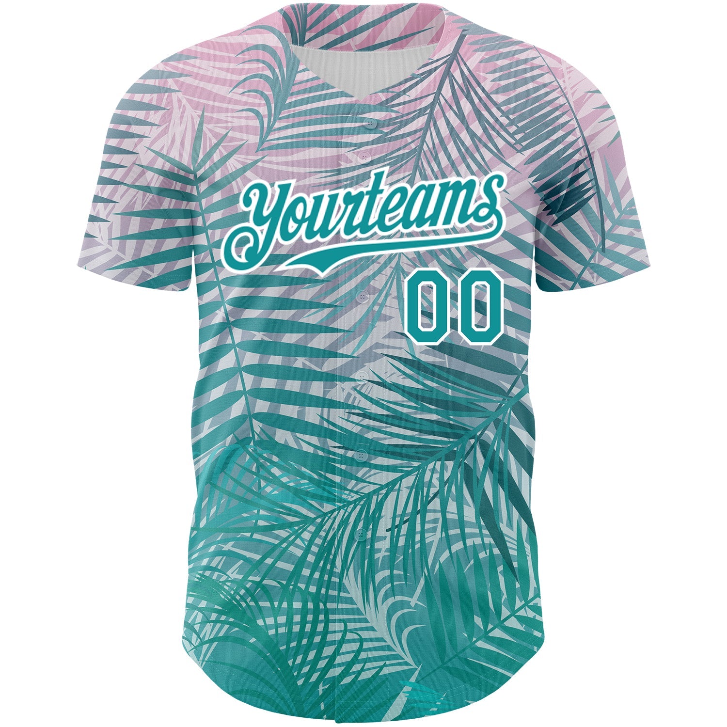 Custom Teal White 3D Pattern Design Tropical Hawaii Palm Leaves Authentic Baseball Jersey view 2
