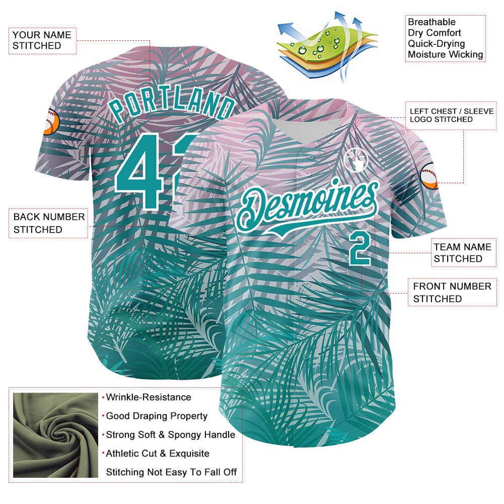 Custom Teal White 3D Pattern Design Tropical Hawaii Palm Leaves Authentic Baseball Jersey view 3