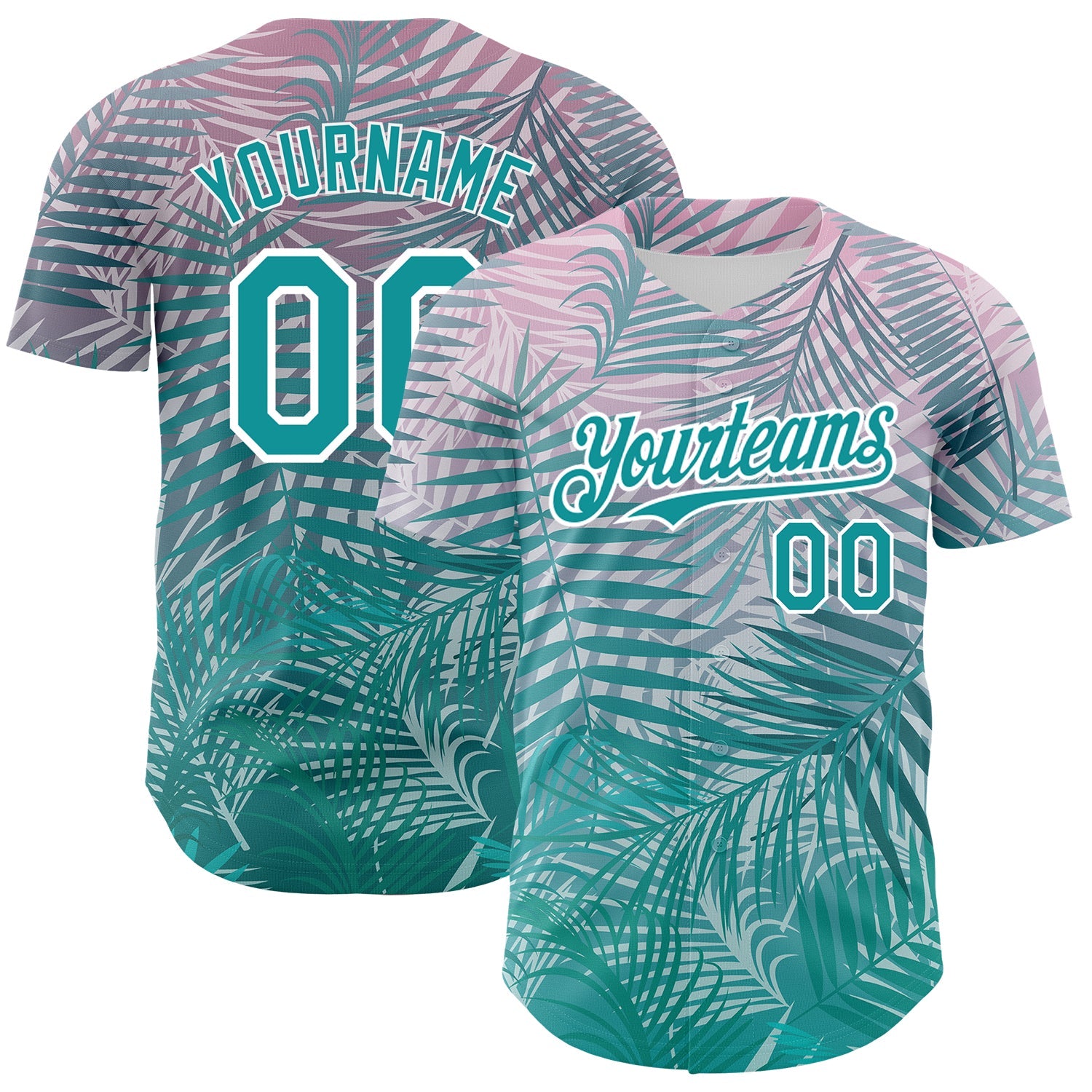 Custom Teal White 3D Pattern Design Tropical Hawaii Palm Leaves Authentic Baseball Jersey - Main View